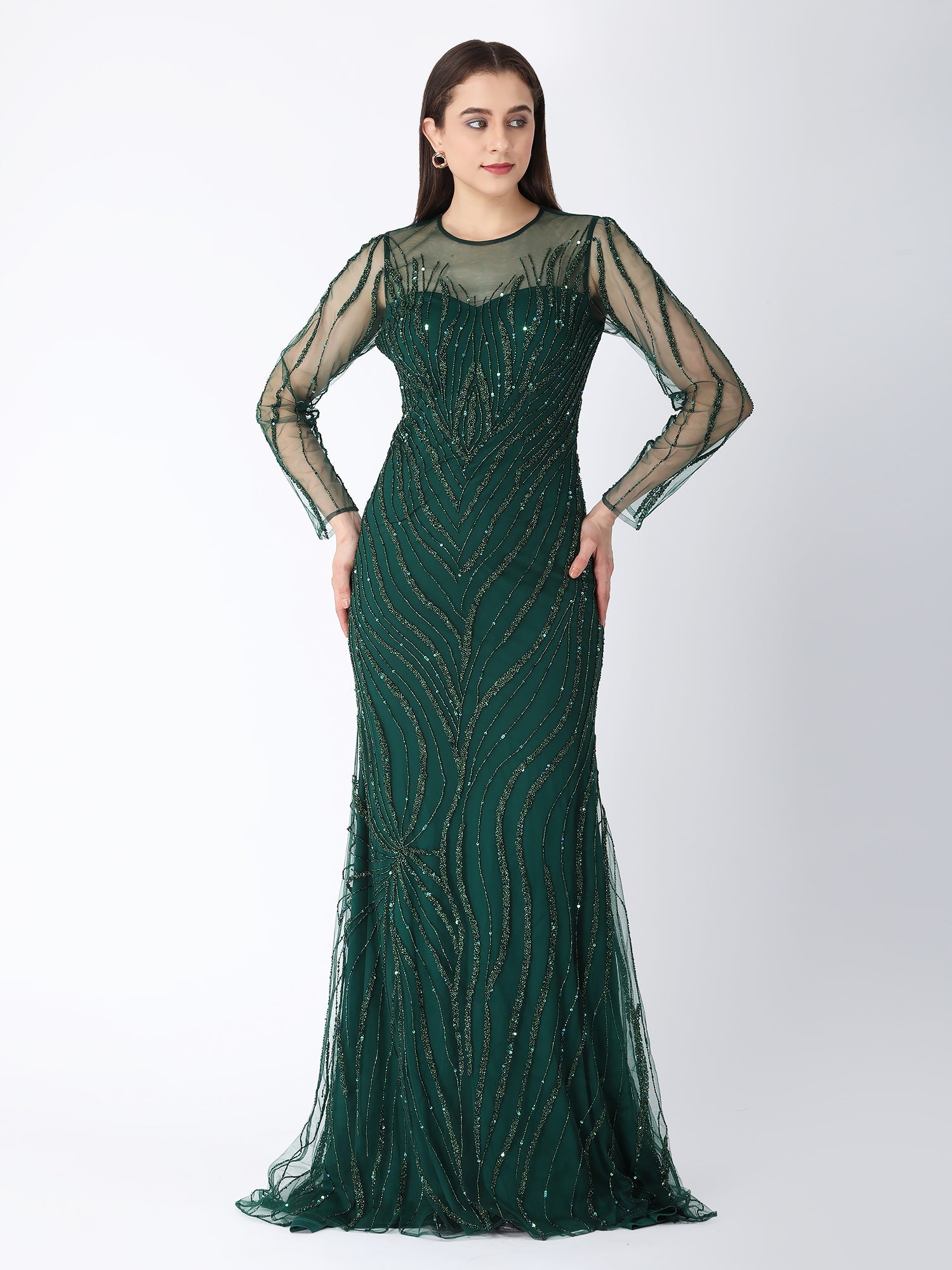 Royal Green Viscose Tulle Glam A-Line Gown Sequins Beads