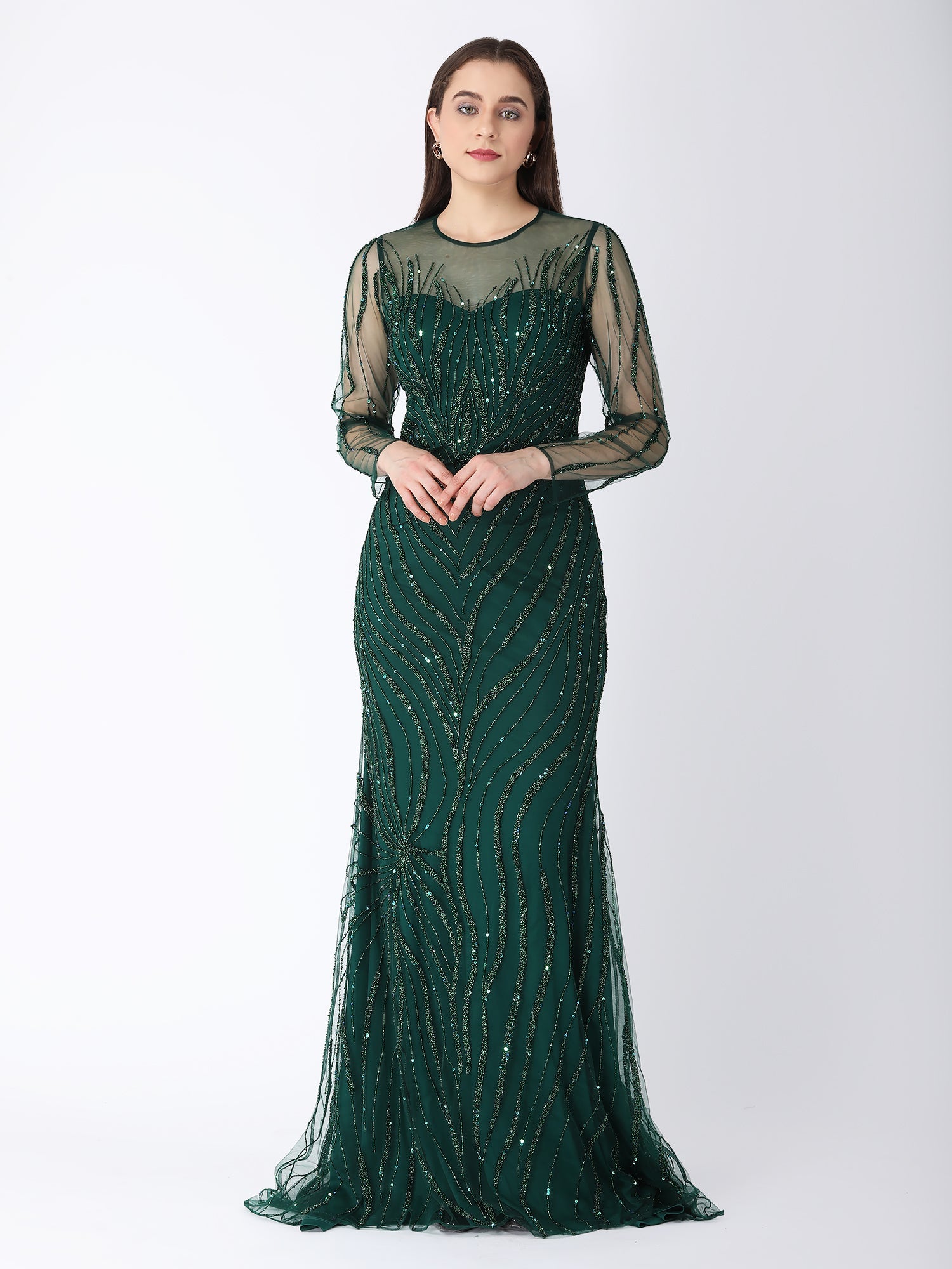 Royal Green Viscose Tulle Glam A-Line Gown Sequins Beads