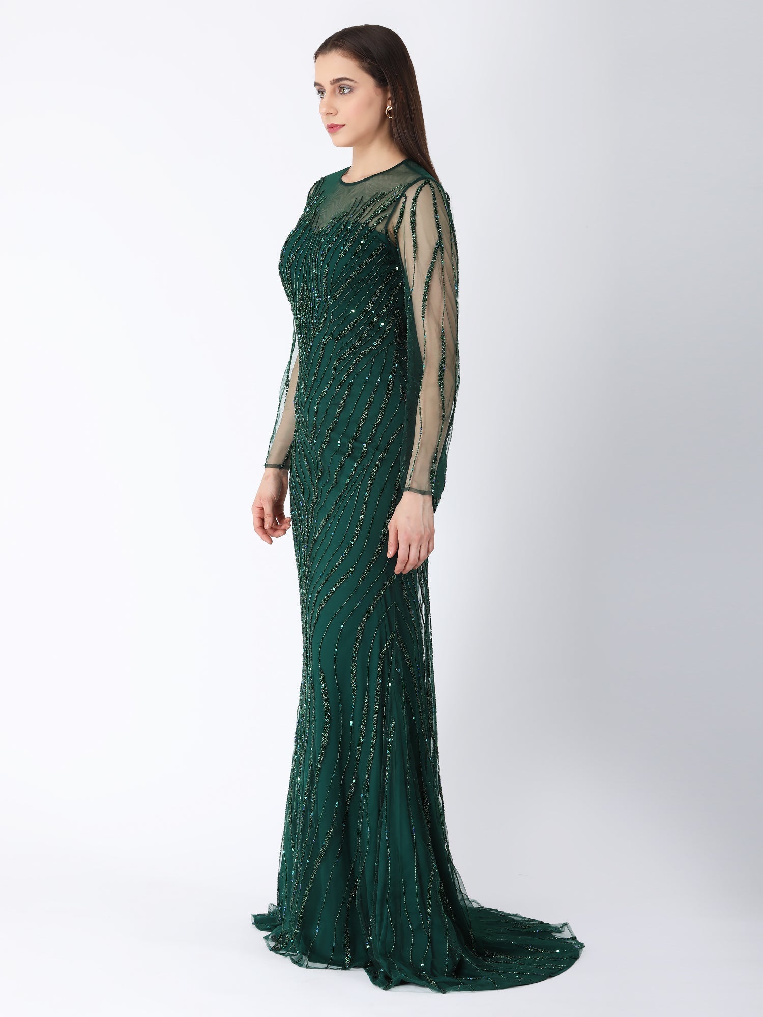 Royal Green Viscose Tulle Glam A-Line Gown Sequins Beads