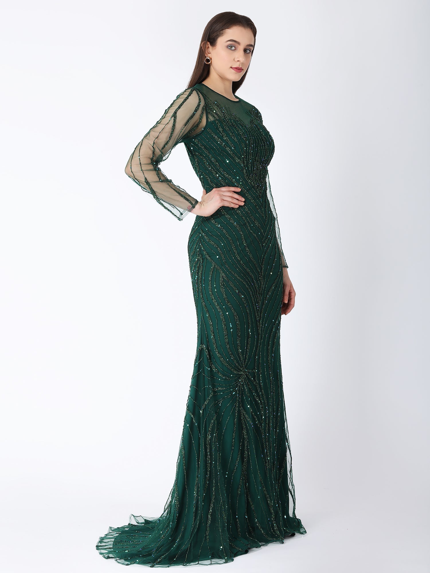 Royal Green Viscose Tulle Glam A-Line Gown Sequins Beads