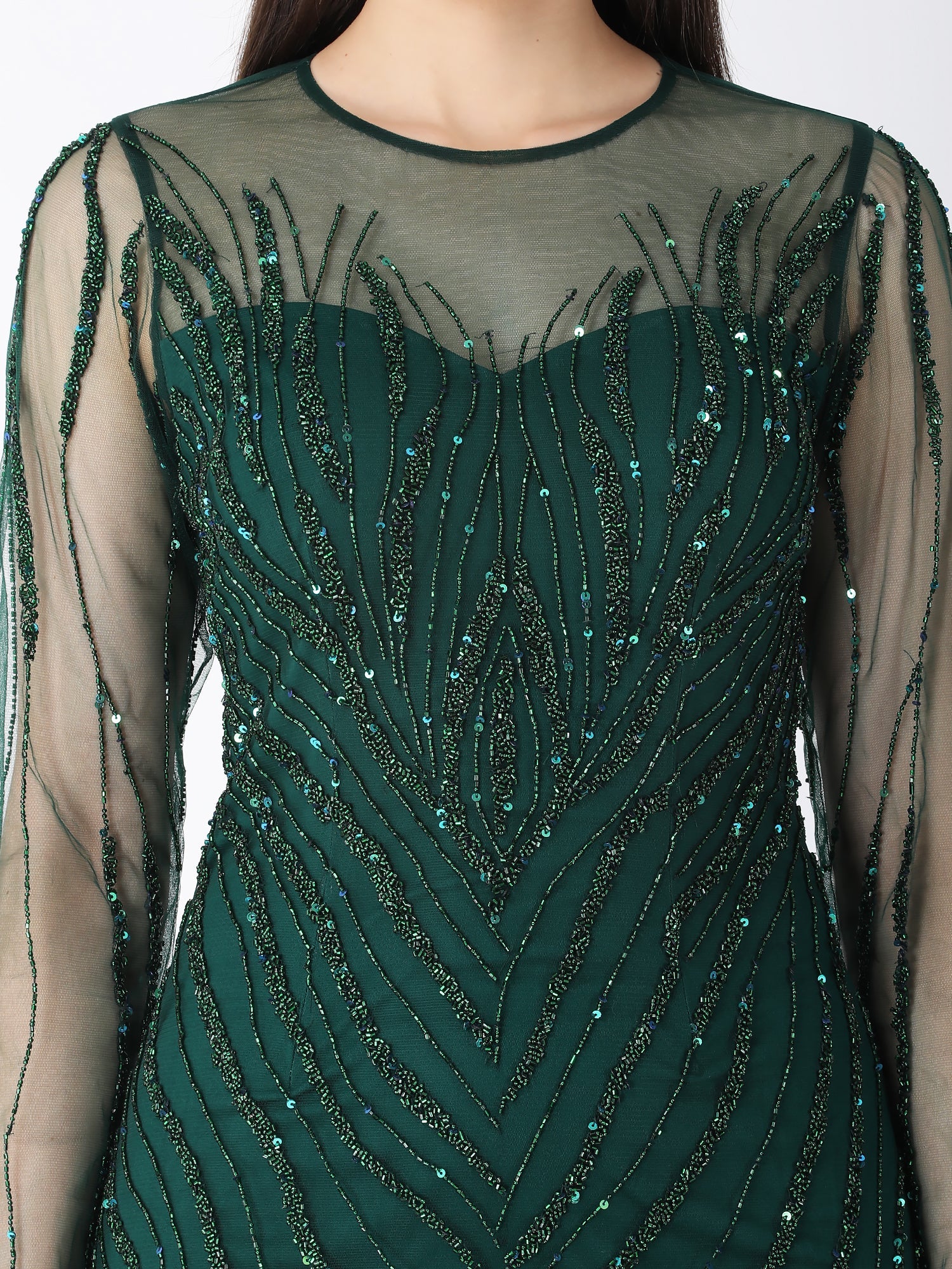 Royal Green Viscose Tulle Glam A-Line Gown Sequins Beads
