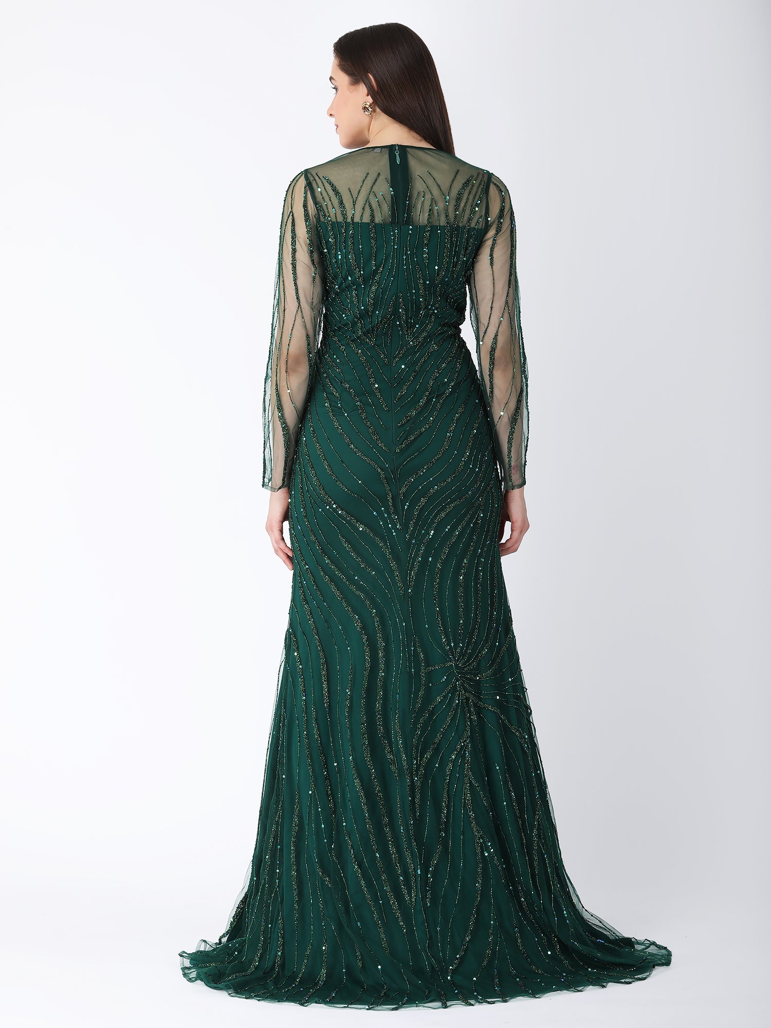 Royal Green Viscose Tulle Glam A-Line Gown Sequins Beads