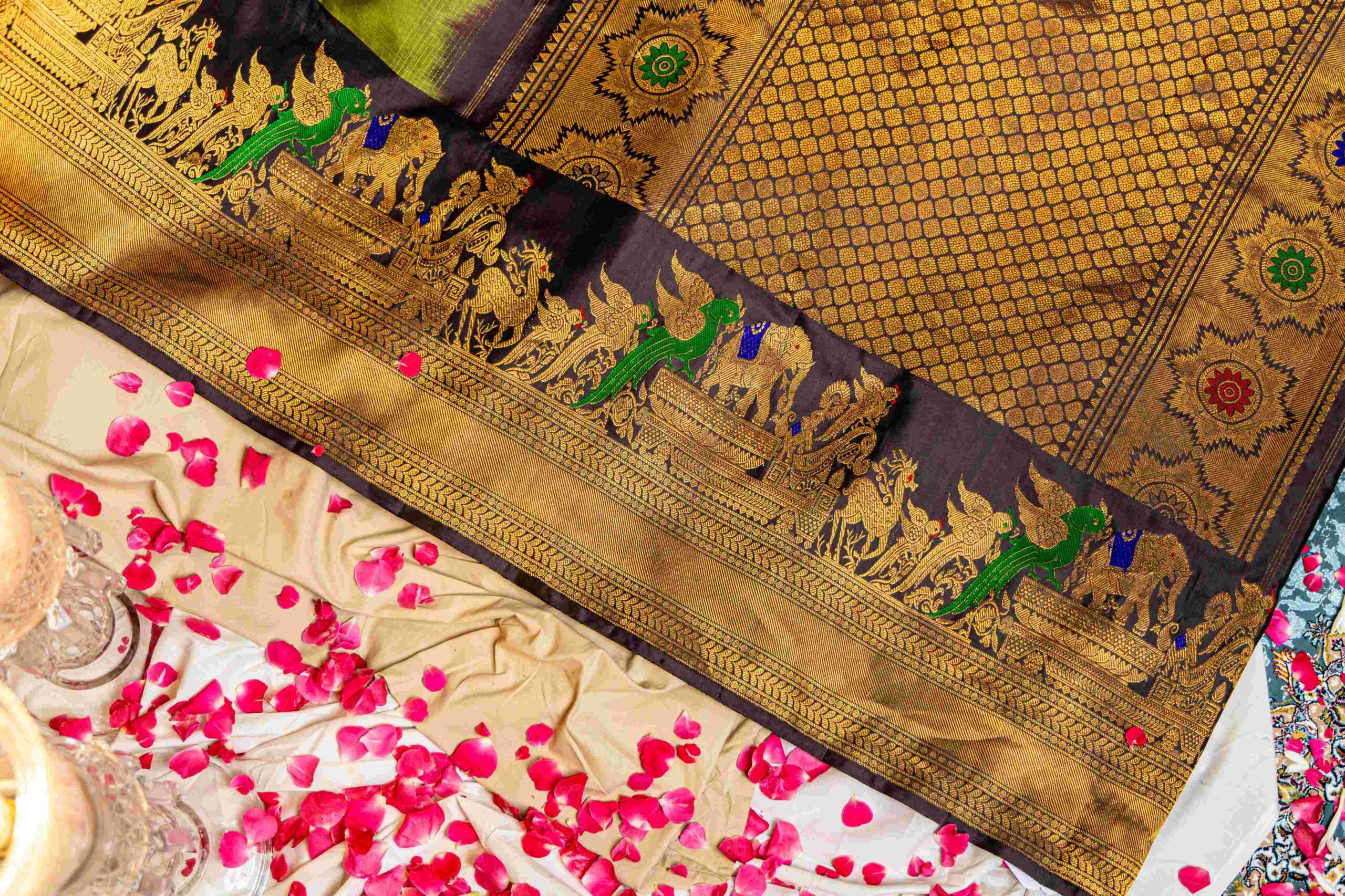 Mustard Green Gadwal Saree Chocolate Brown Animal Nakshi Border