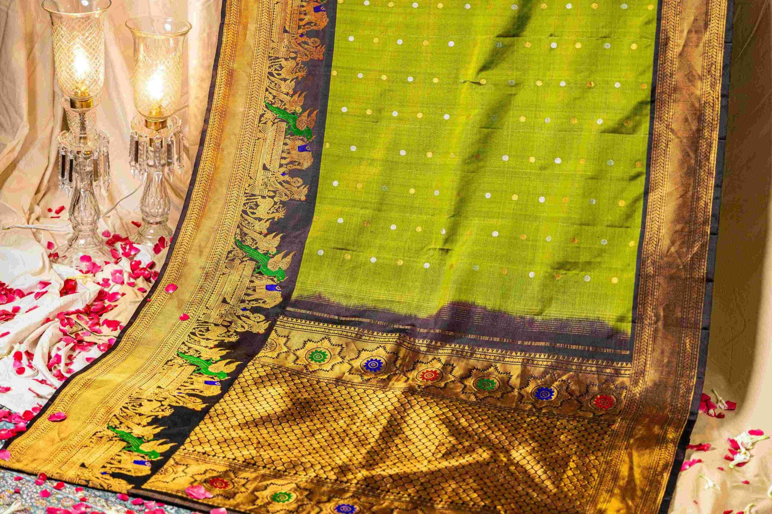 Mustard Green Gadwal Saree Chocolate Brown Animal Nakshi Border