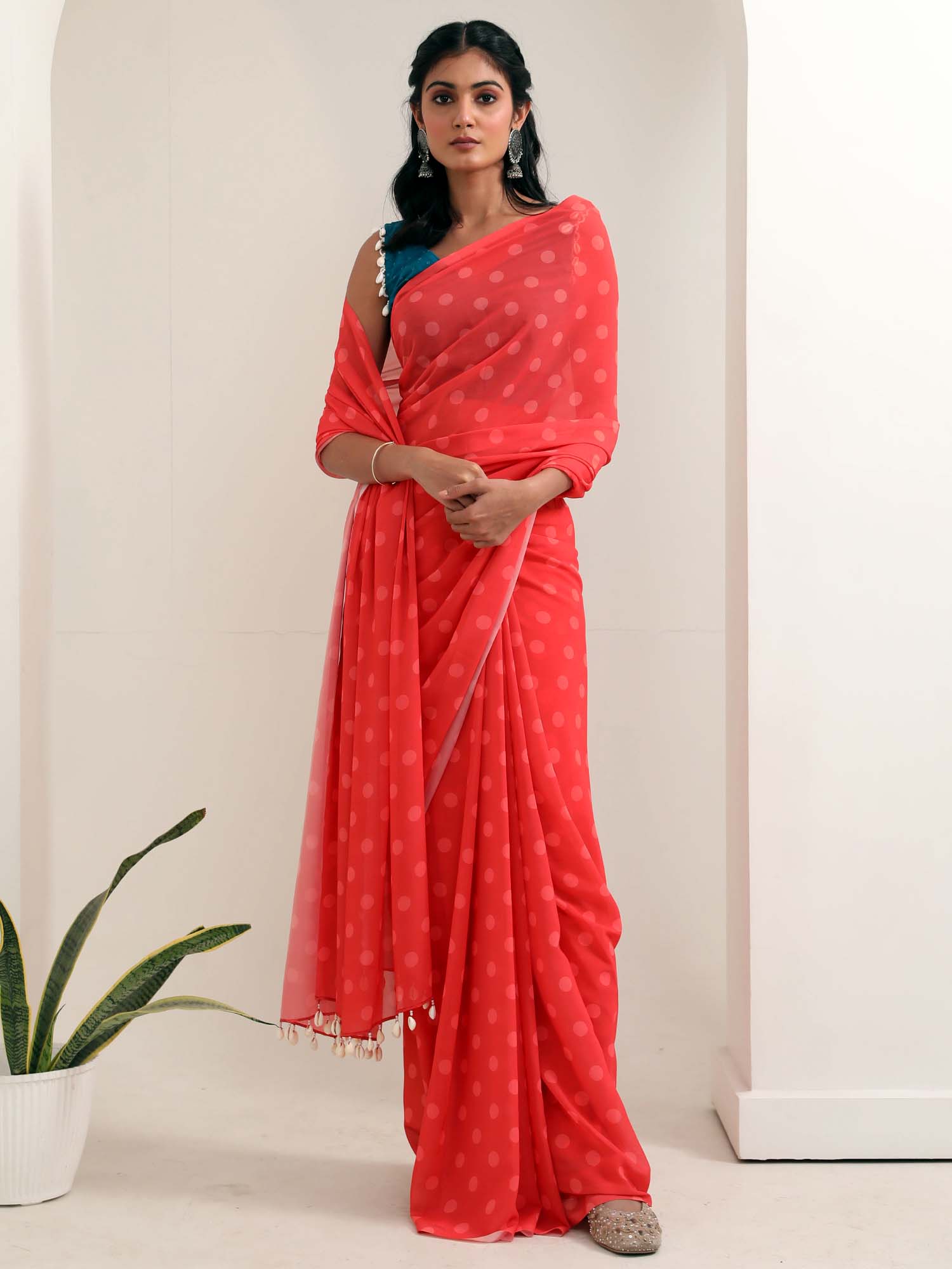 Beautiful Coral Red Georgette Polka Dot Saree Teal Cotton Blouse