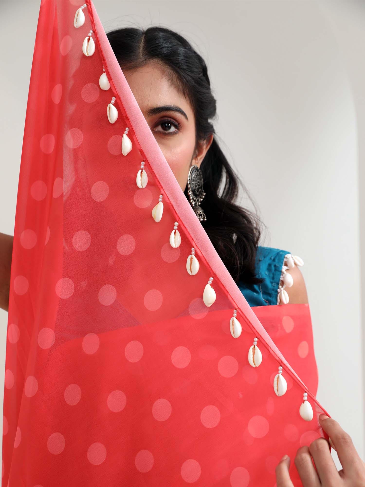 Beautiful Coral Red Georgette Polka Dot Saree Teal Cotton Blouse