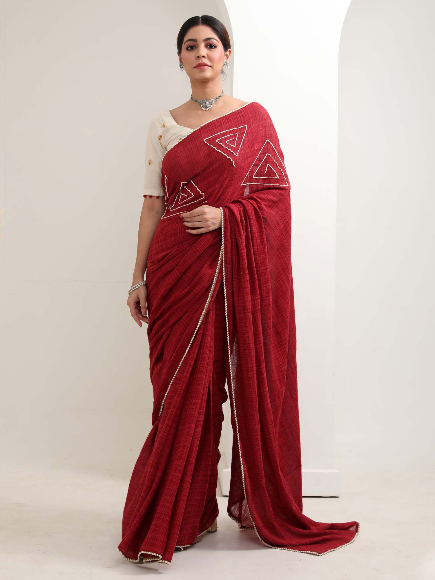 Beautiful Maroon Red Cotton Check Saree Thread Lace - Rubaru