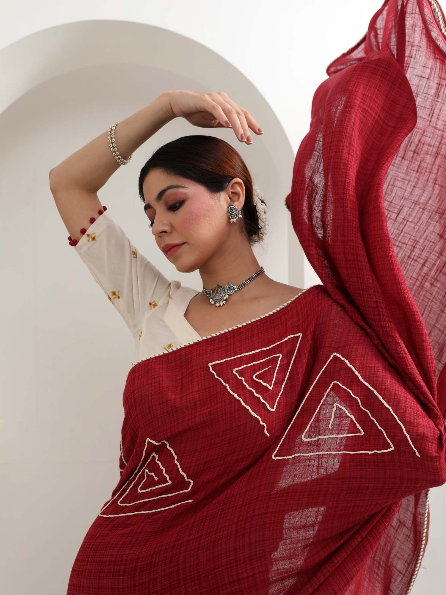 Beautiful Maroon Red Cotton Check Saree Thread Lace - Rubaru