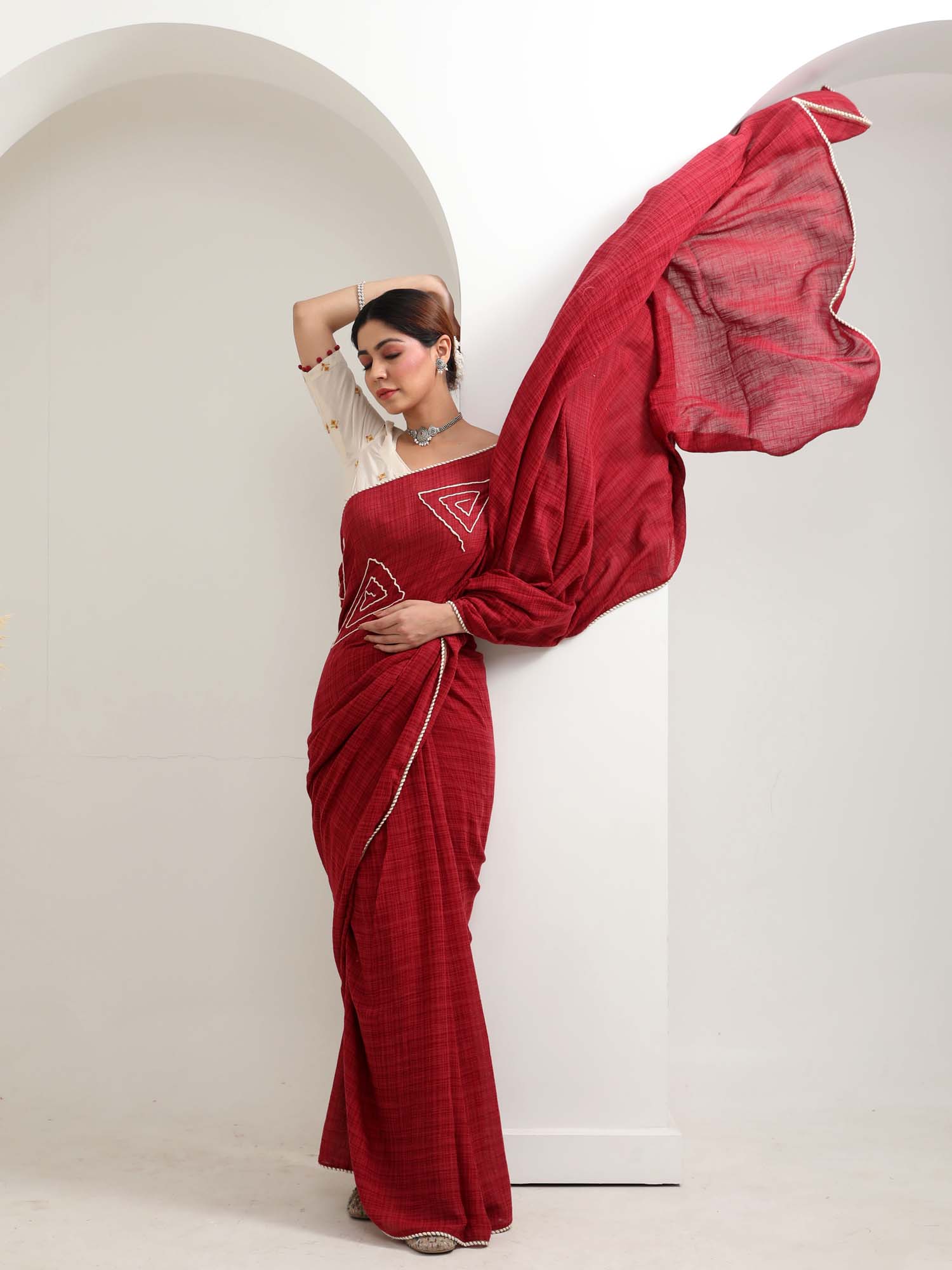 Beautiful Maroon Red Cotton Check Saree Thread Lace - Rubaru