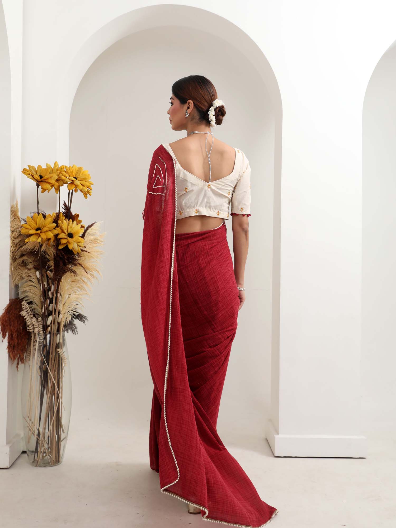 Beautiful Maroon Red Cotton Check Saree Thread Lace - Rubaru