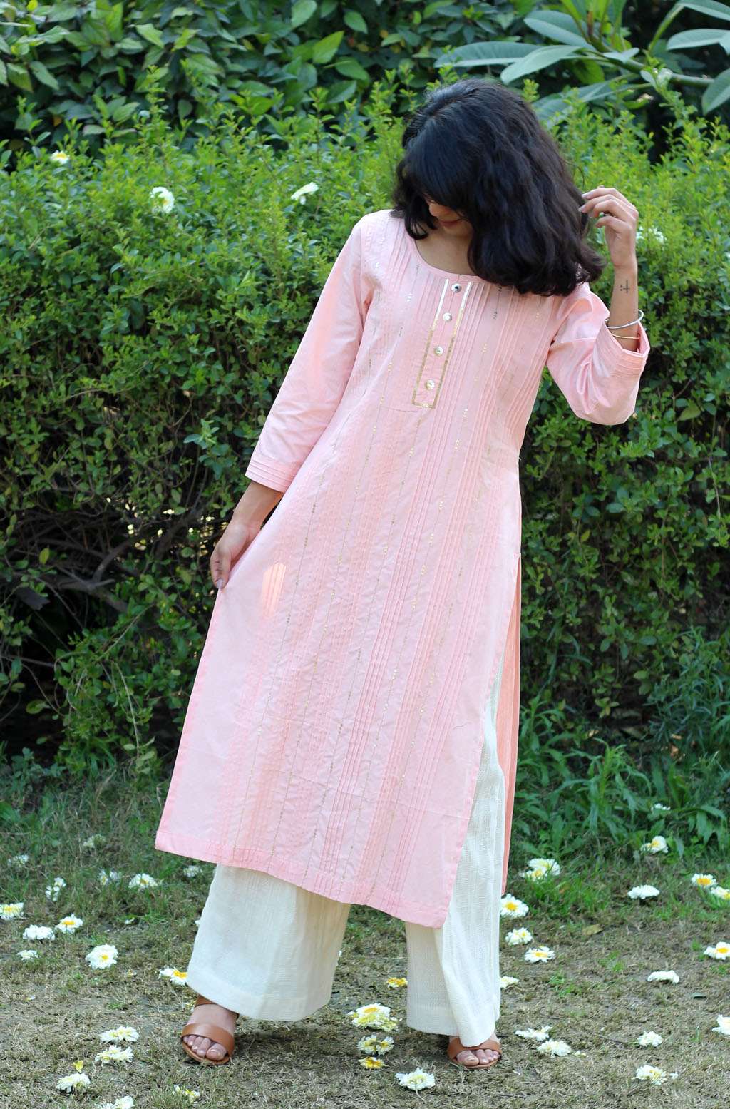 Serene Baby Pink Slub Cotton Hand Embroidered Kurta - Peony