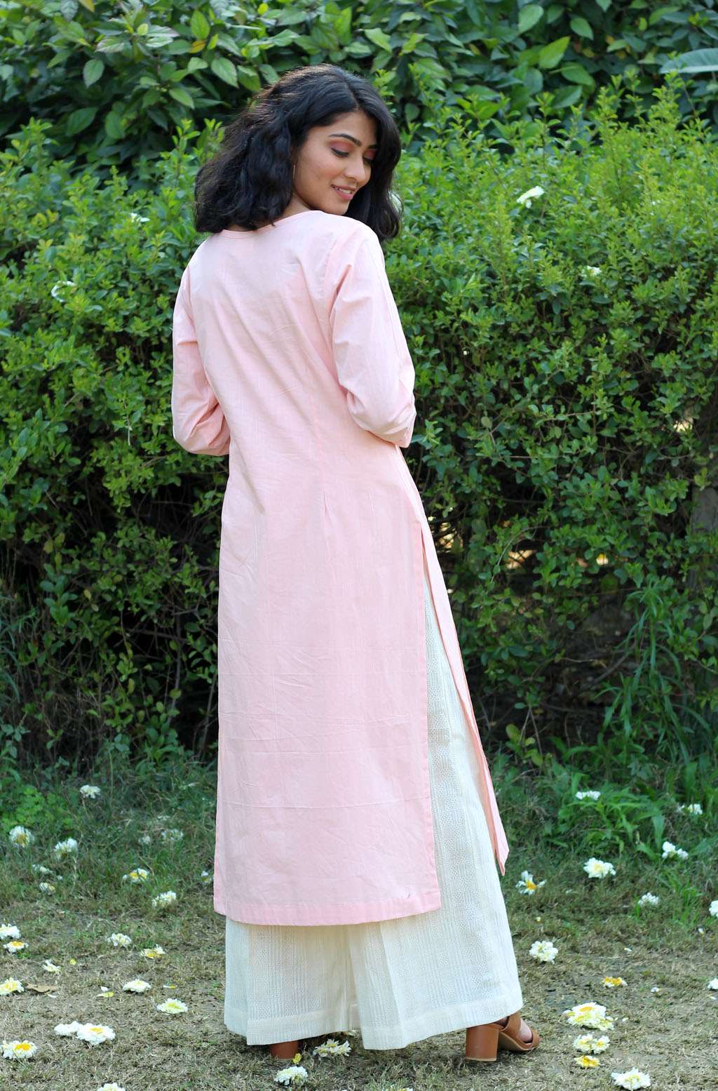 Serene Baby Pink Slub Cotton Hand Embroidered Kurta - Peony