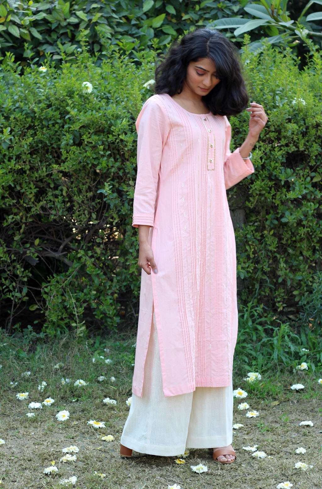 Serene Baby Pink Slub Cotton Hand Embroidered Kurta - Peony