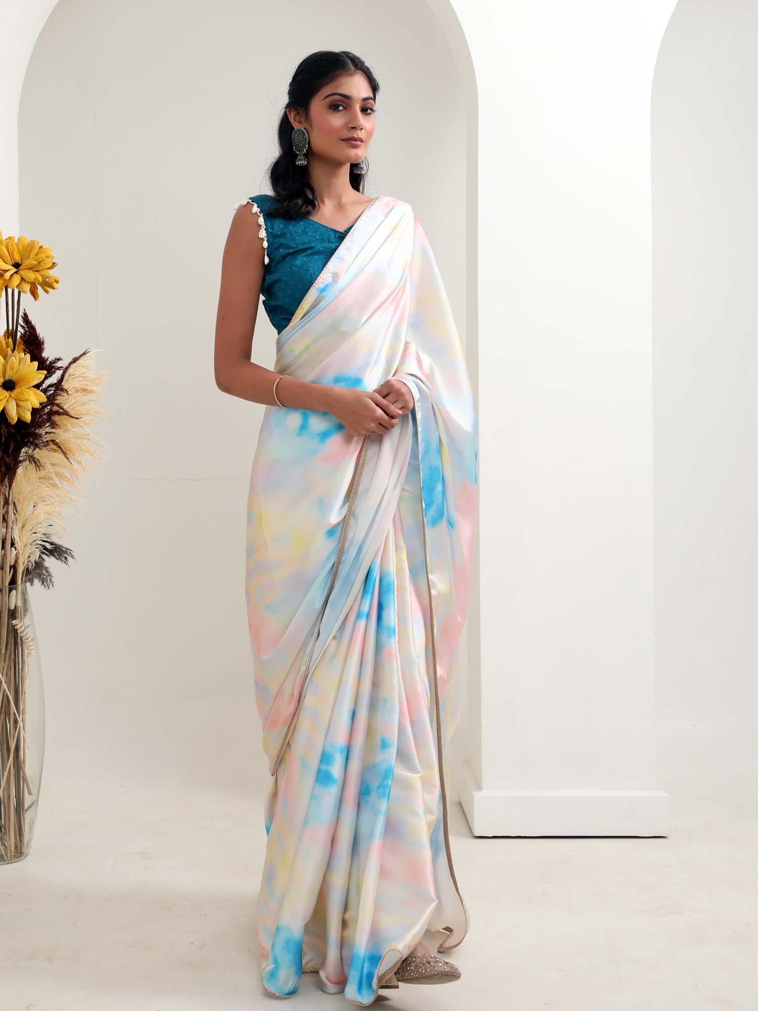 Unique Multicolor White Sky Blue Satin Tie Dye Saree Teal Cotton Blouse