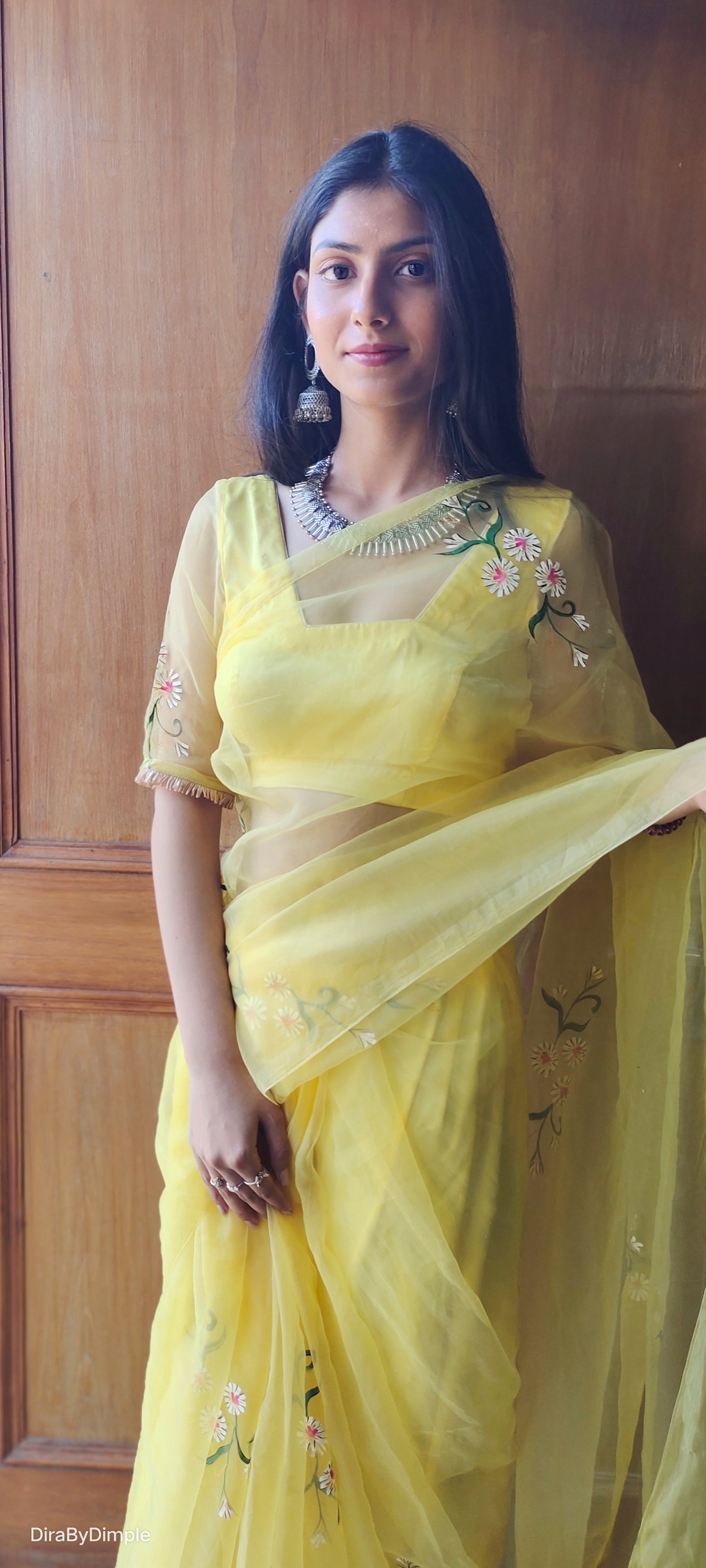 Beautiful Yellow Silk Organza Handpainted Floral Saree