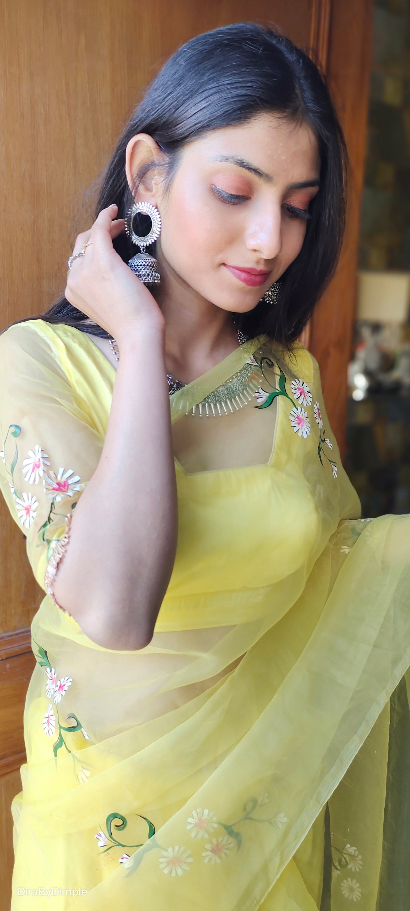 Beautiful Yellow Silk Organza Handpainted Floral Saree