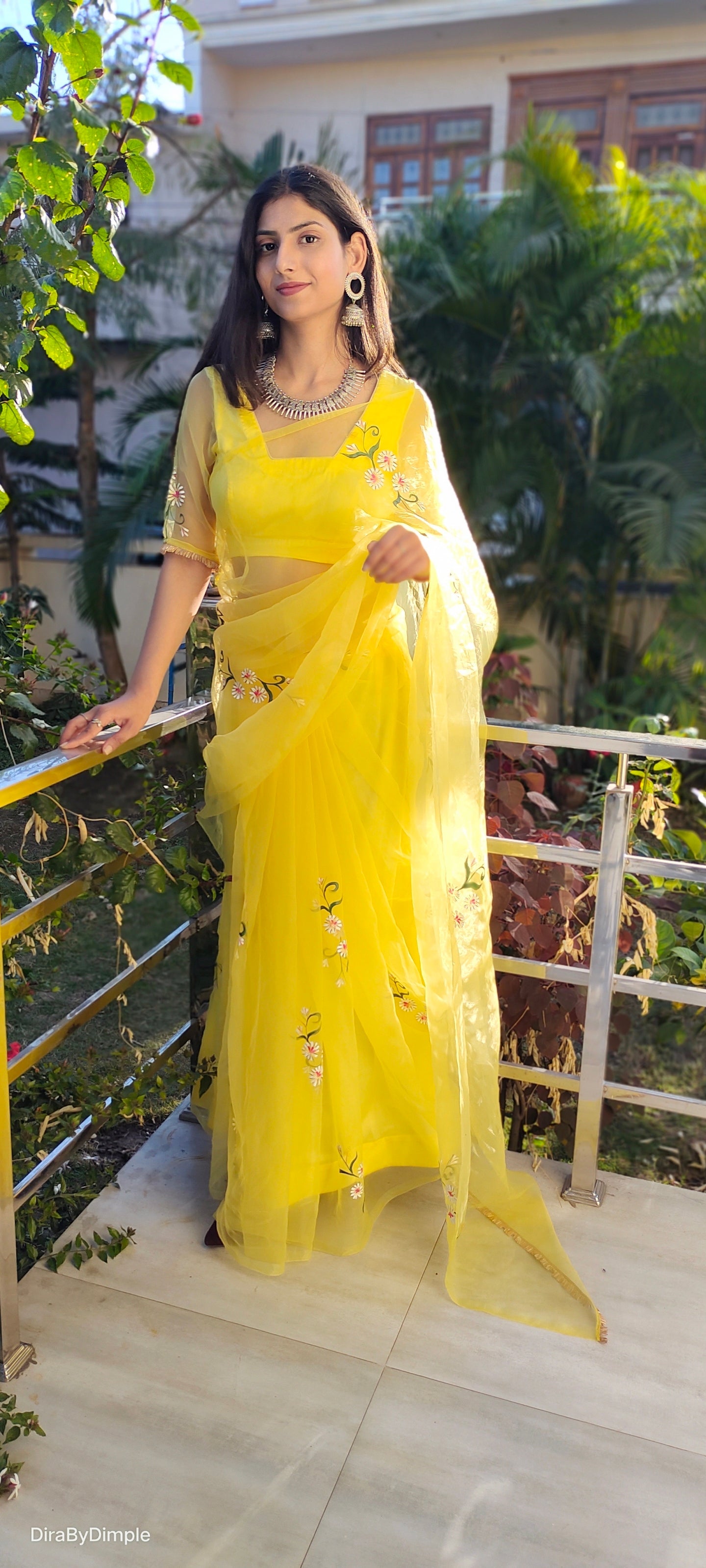 Beautiful Yellow Silk Organza Handpainted Floral Saree
