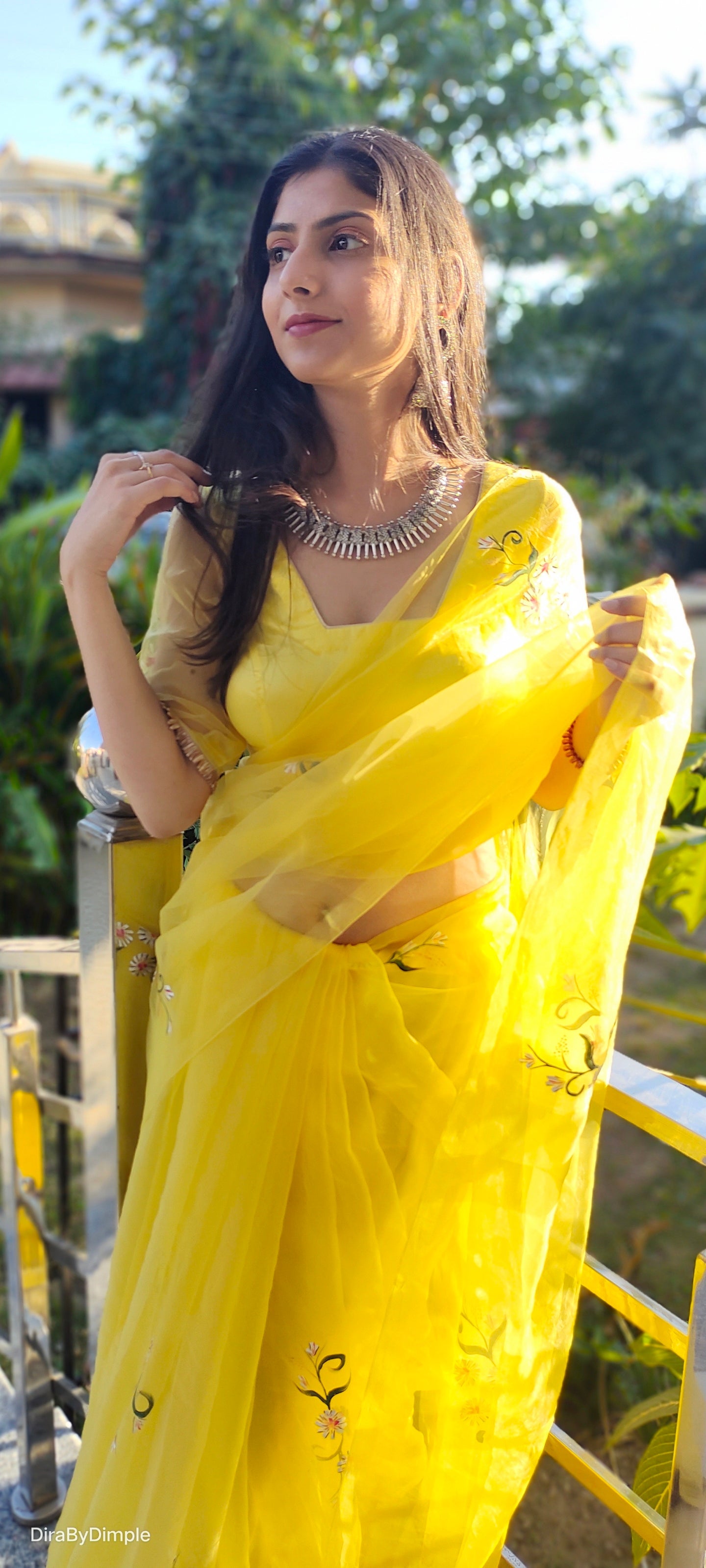 Beautiful Yellow Silk Organza Handpainted Floral Saree