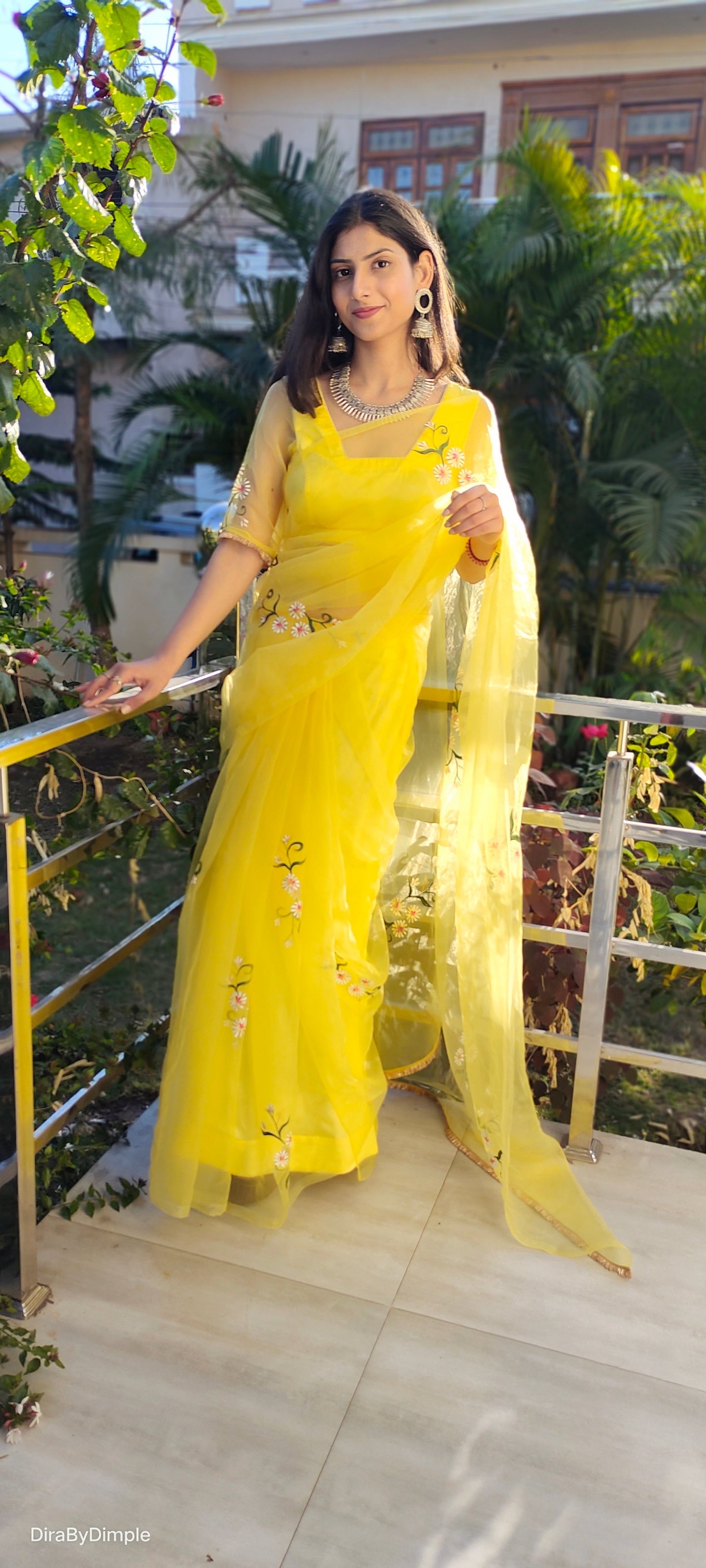Beautiful Yellow Silk Organza Handpainted Floral Saree