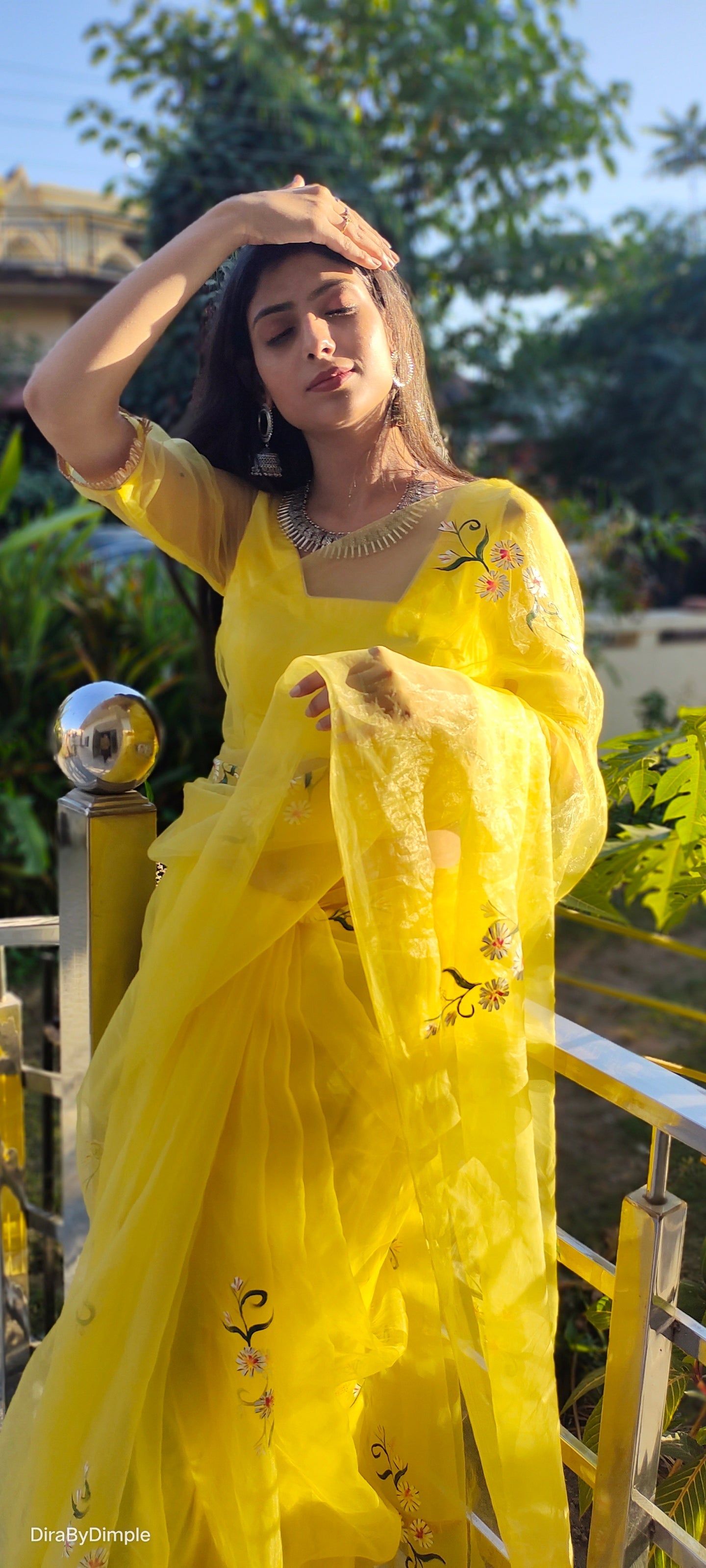 Beautiful Yellow Silk Organza Handpainted Floral Saree