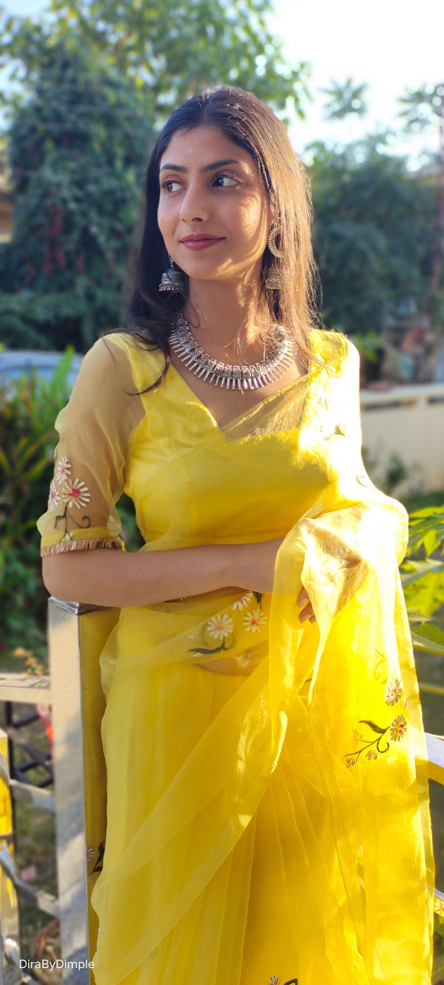Beautiful Yellow Silk Organza Handpainted Floral Saree