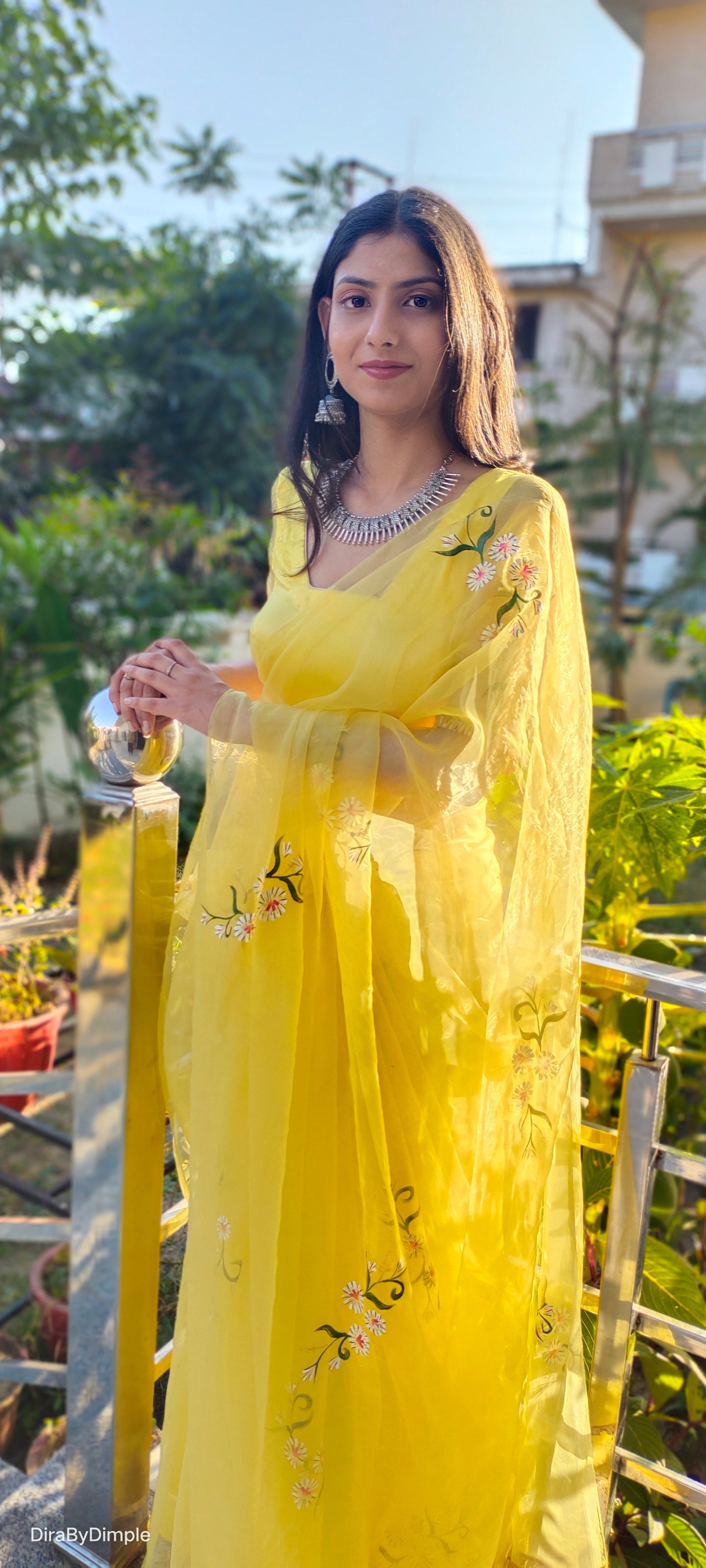 Beautiful Yellow Silk Organza Handpainted Floral Saree