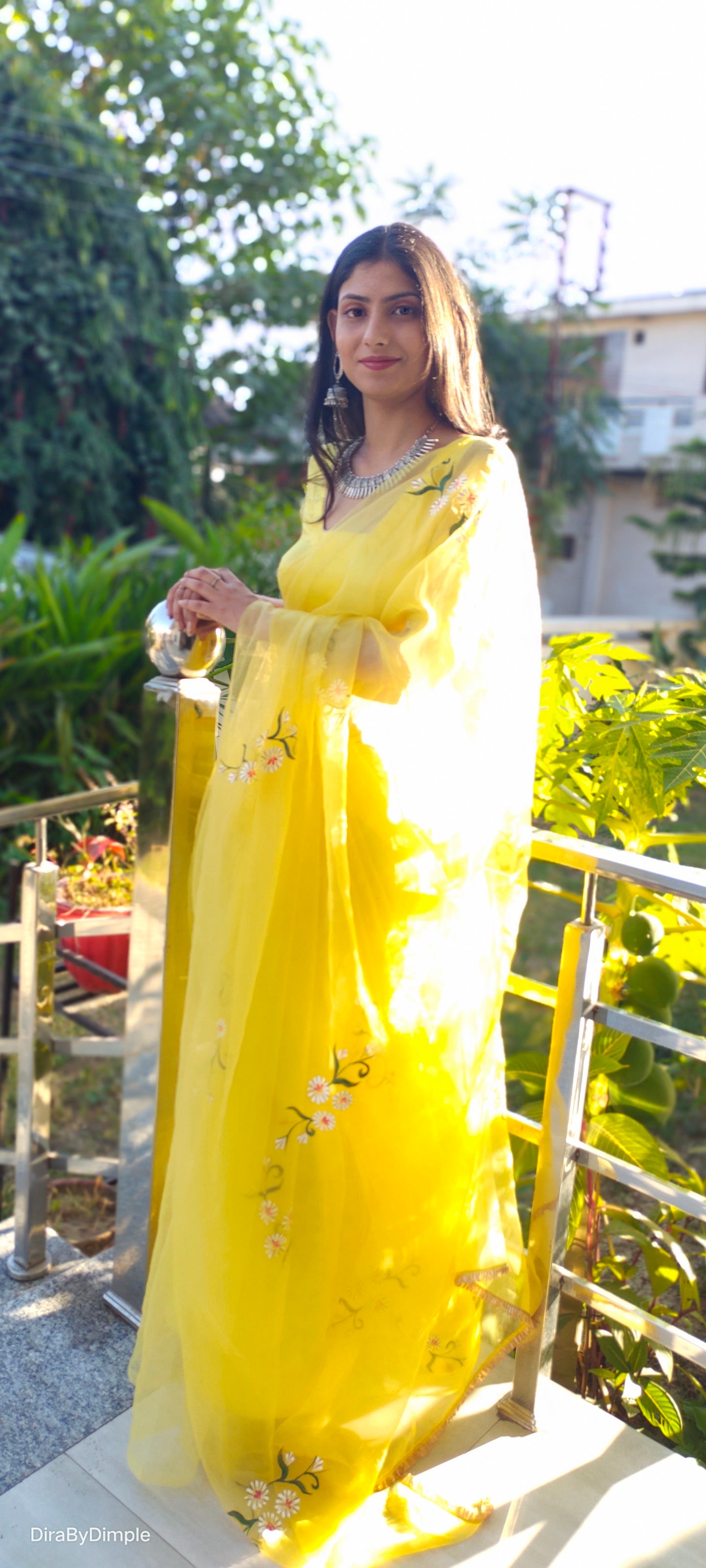 Beautiful Yellow Silk Organza Handpainted Floral Saree