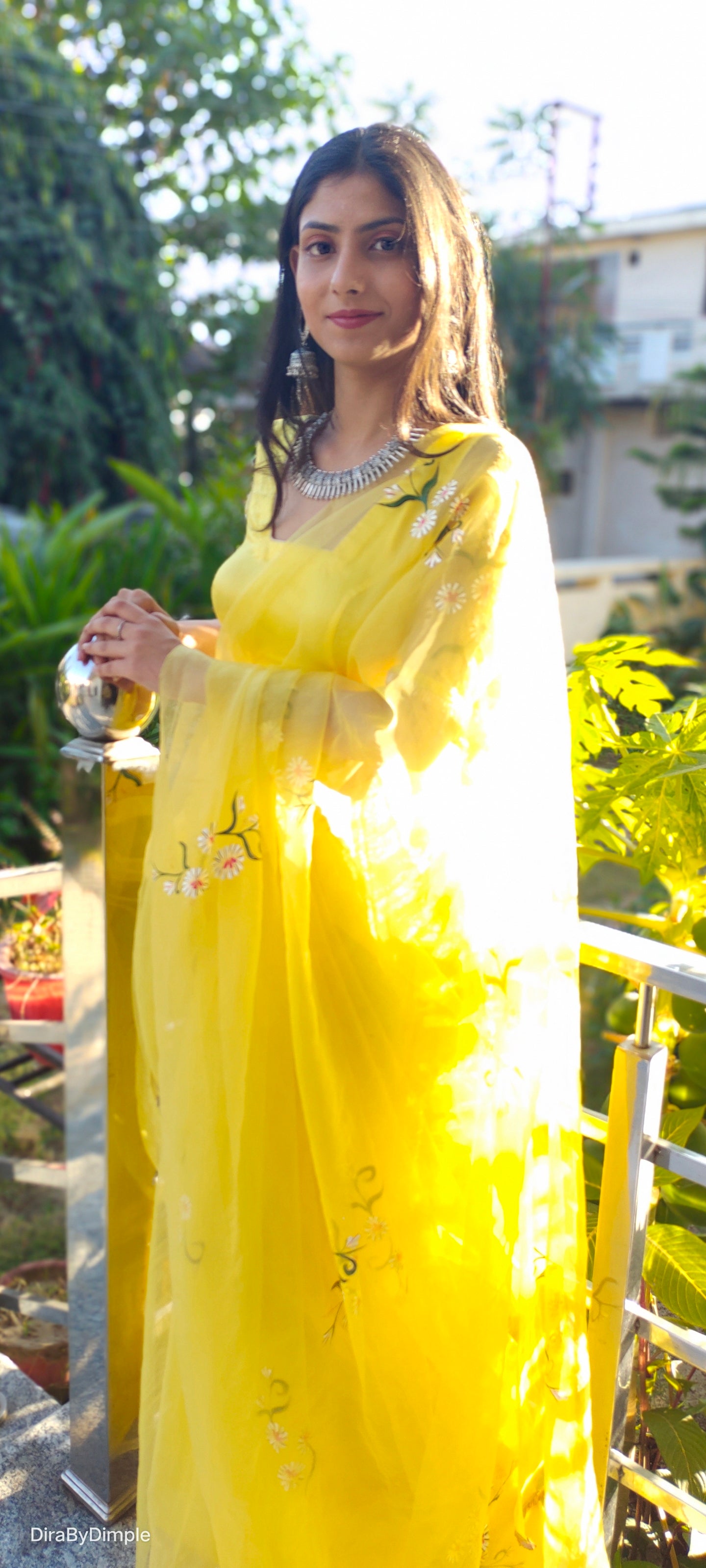 Beautiful Yellow Silk Organza Handpainted Floral Saree