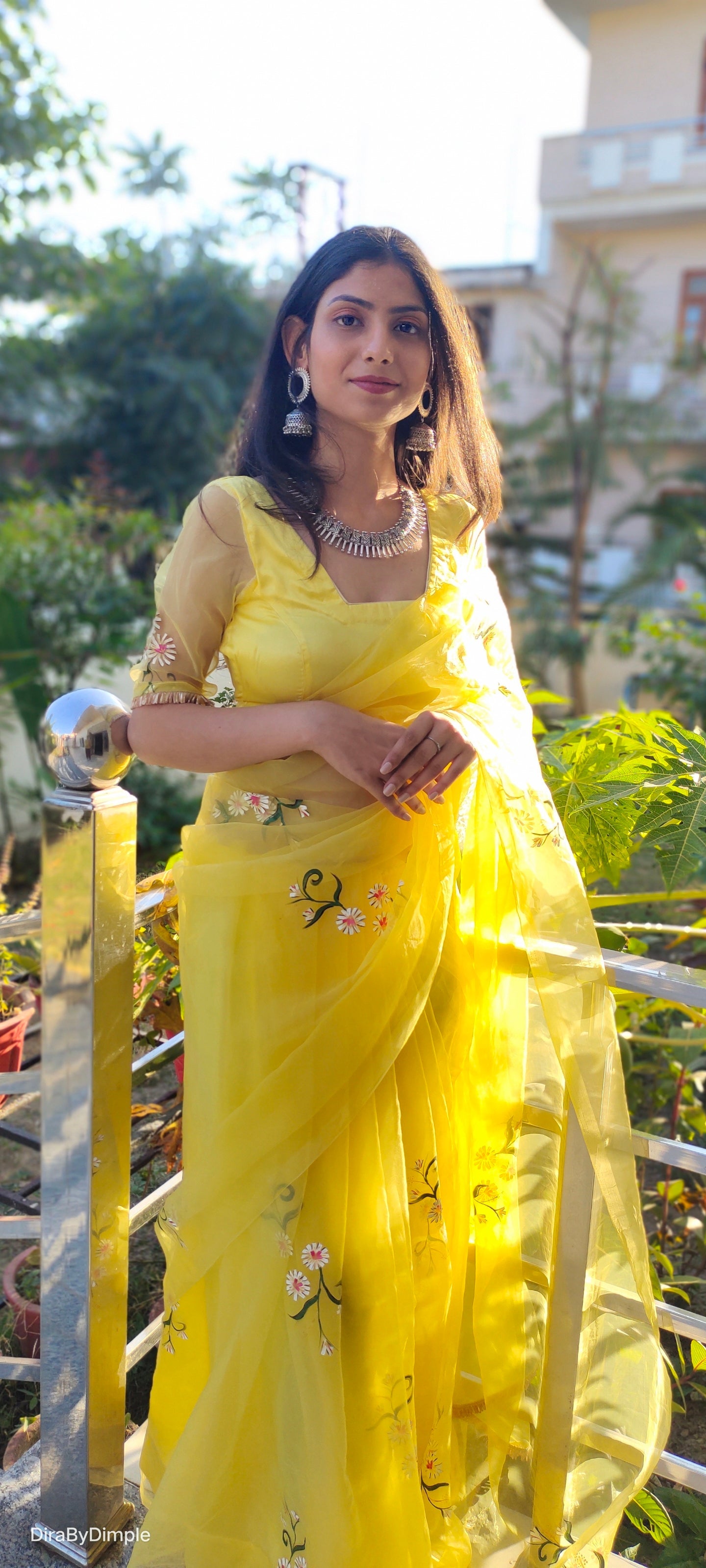 Beautiful Yellow Silk Organza Handpainted Floral Saree
