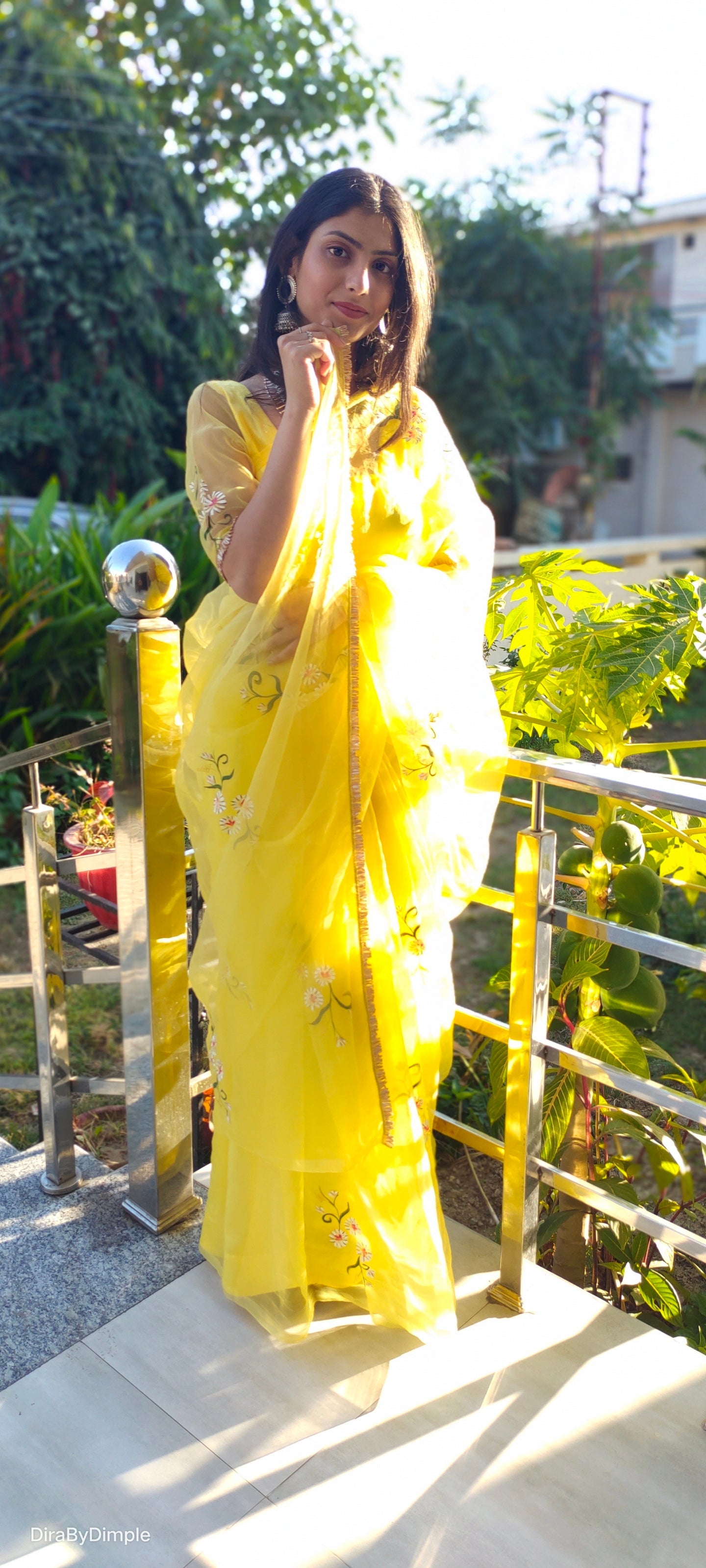 Beautiful Yellow Silk Organza Handpainted Floral Saree