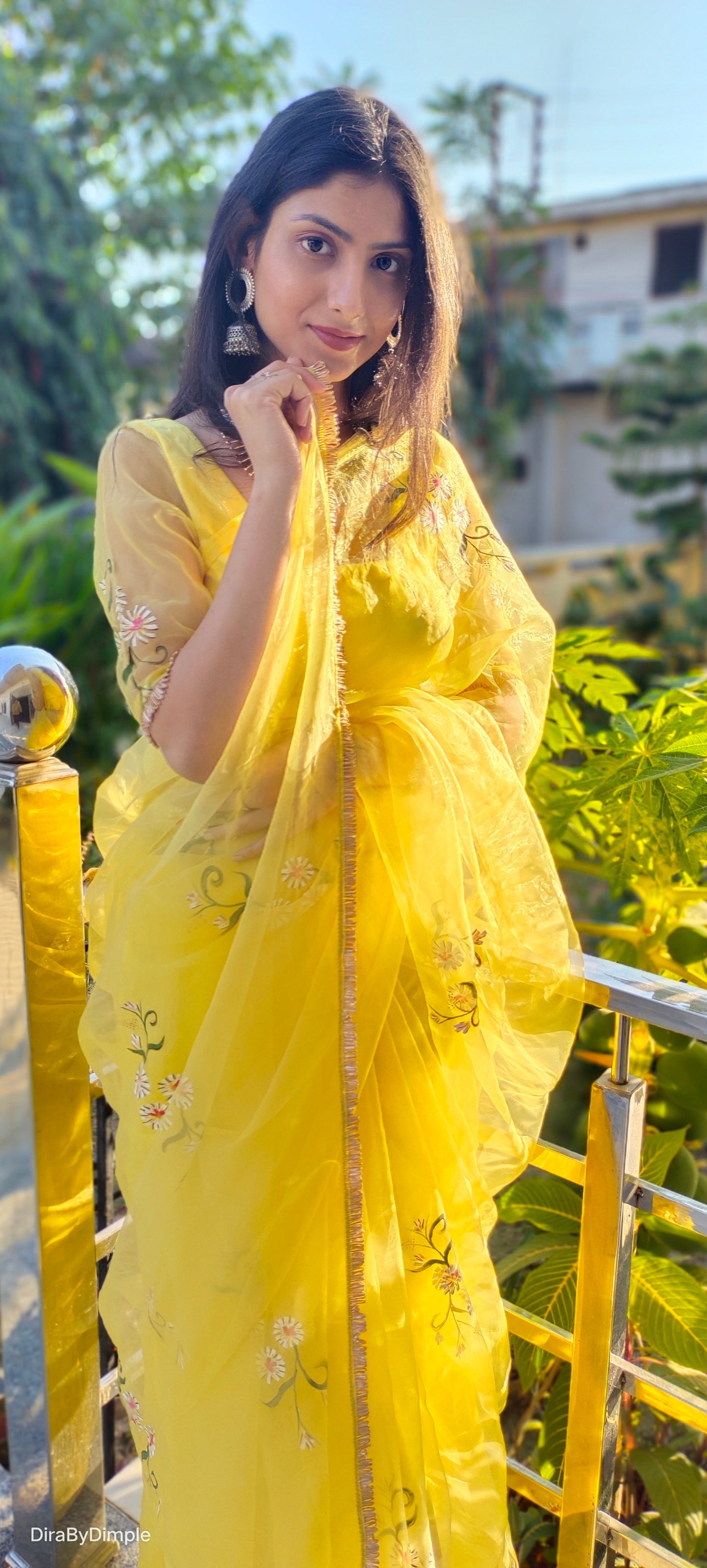 Beautiful Yellow Silk Organza Handpainted Floral Saree