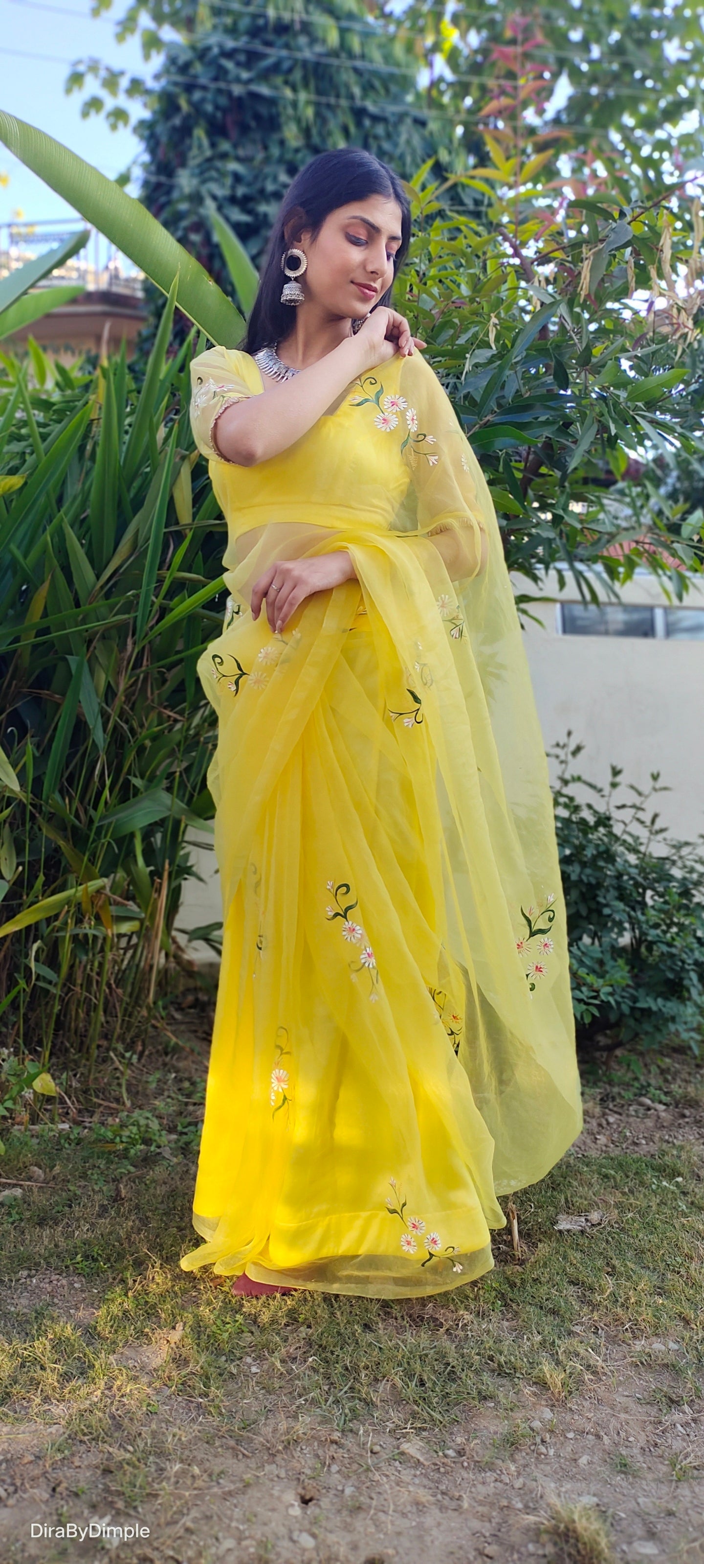 Beautiful Yellow Silk Organza Handpainted Floral Saree