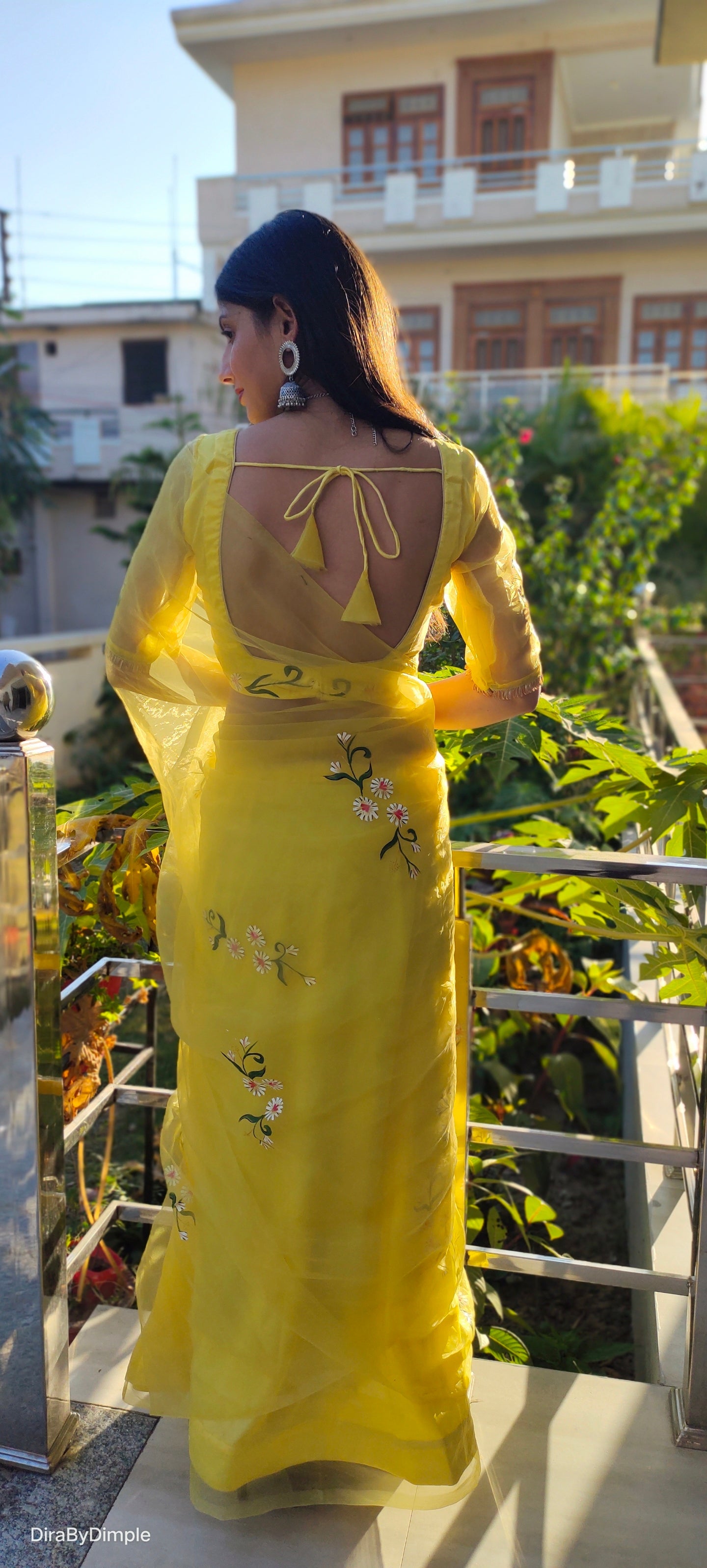 Beautiful Yellow Silk Organza Handpainted Floral Saree
