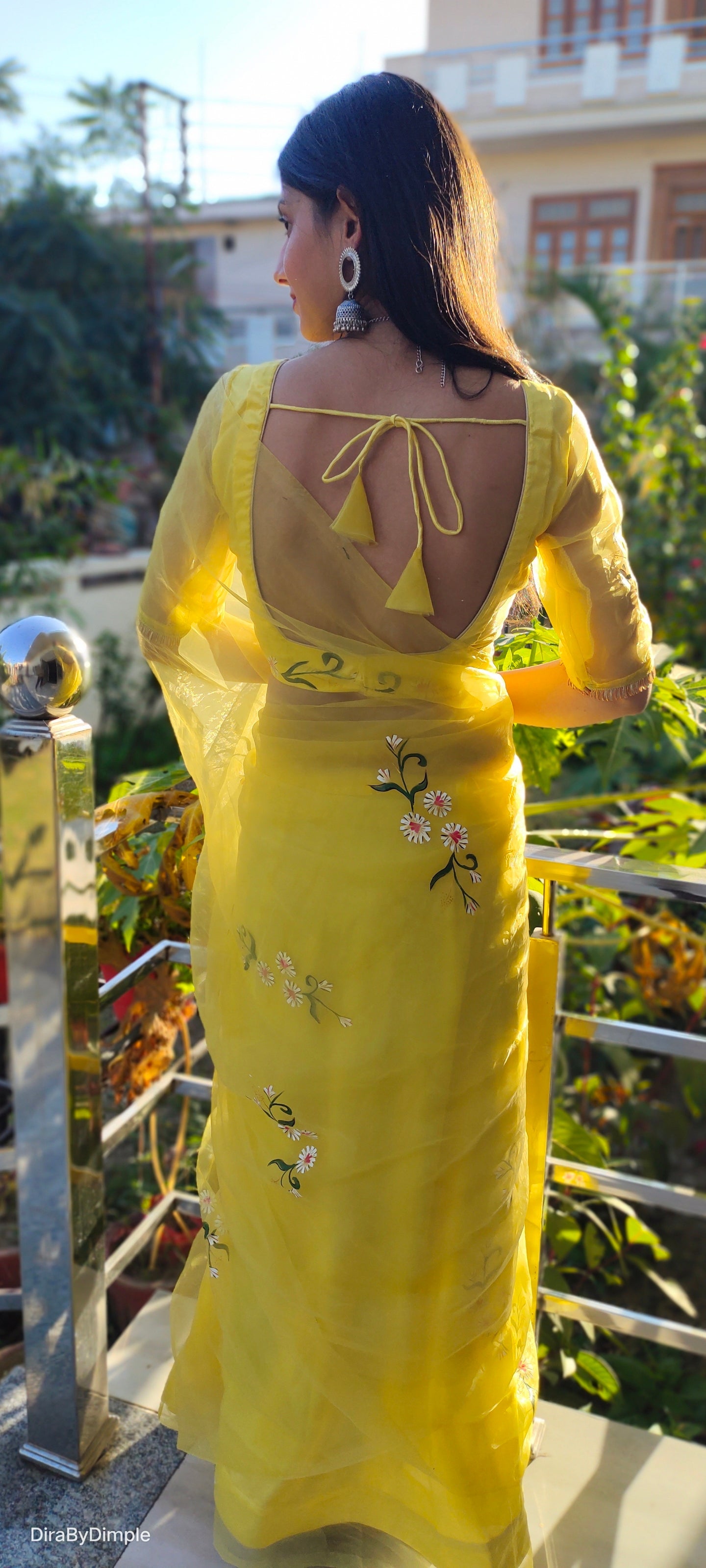 Beautiful Yellow Silk Organza Handpainted Floral Saree