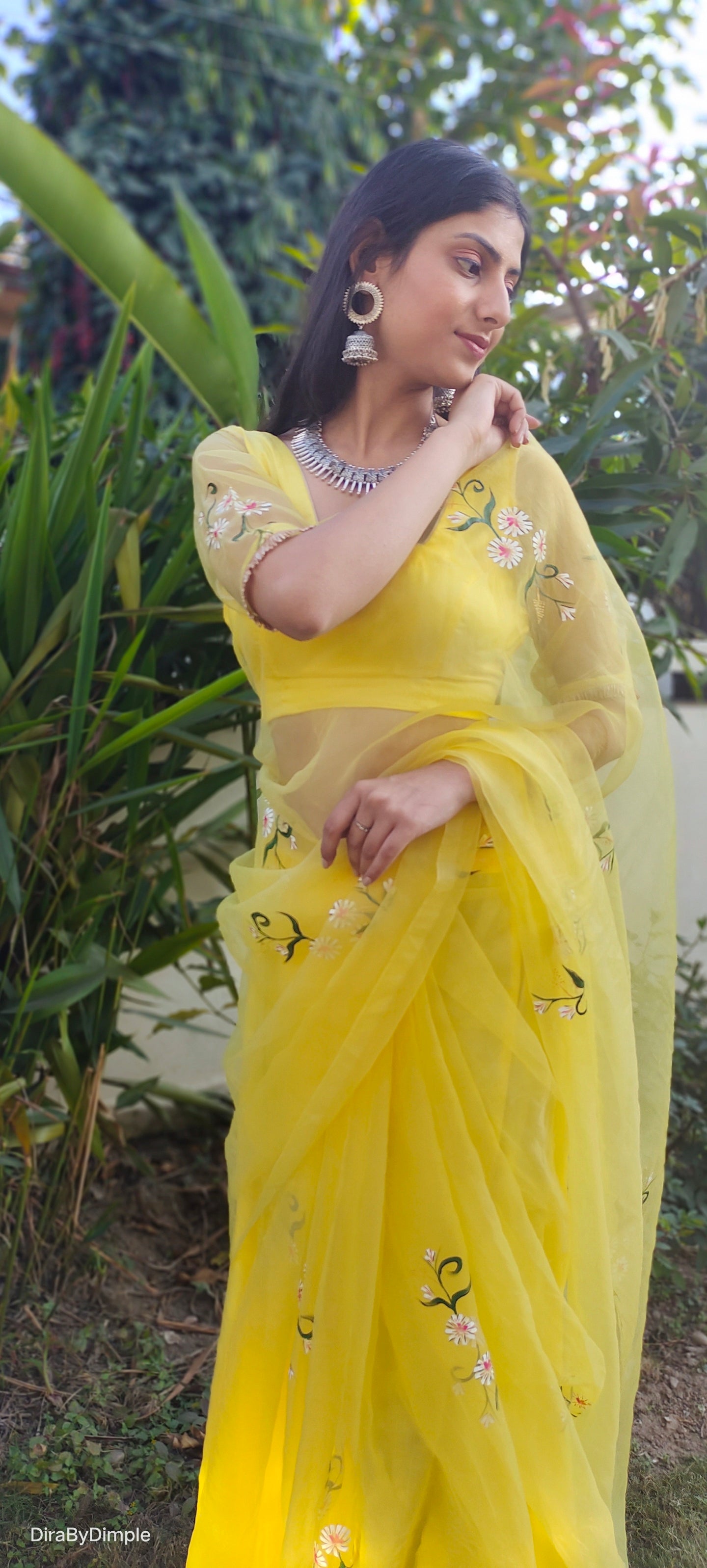 Beautiful Yellow Silk Organza Handpainted Floral Saree