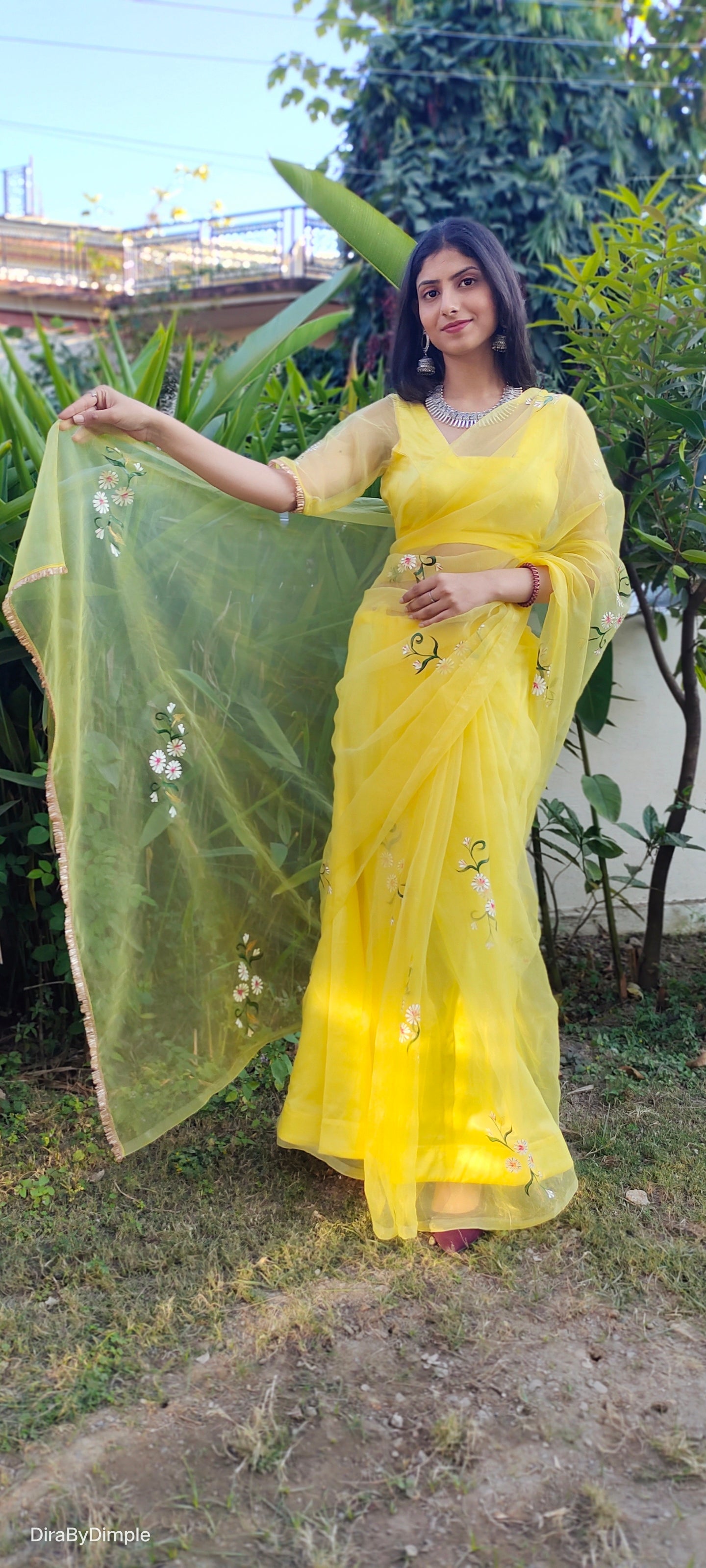 Beautiful Yellow Silk Organza Handpainted Floral Saree
