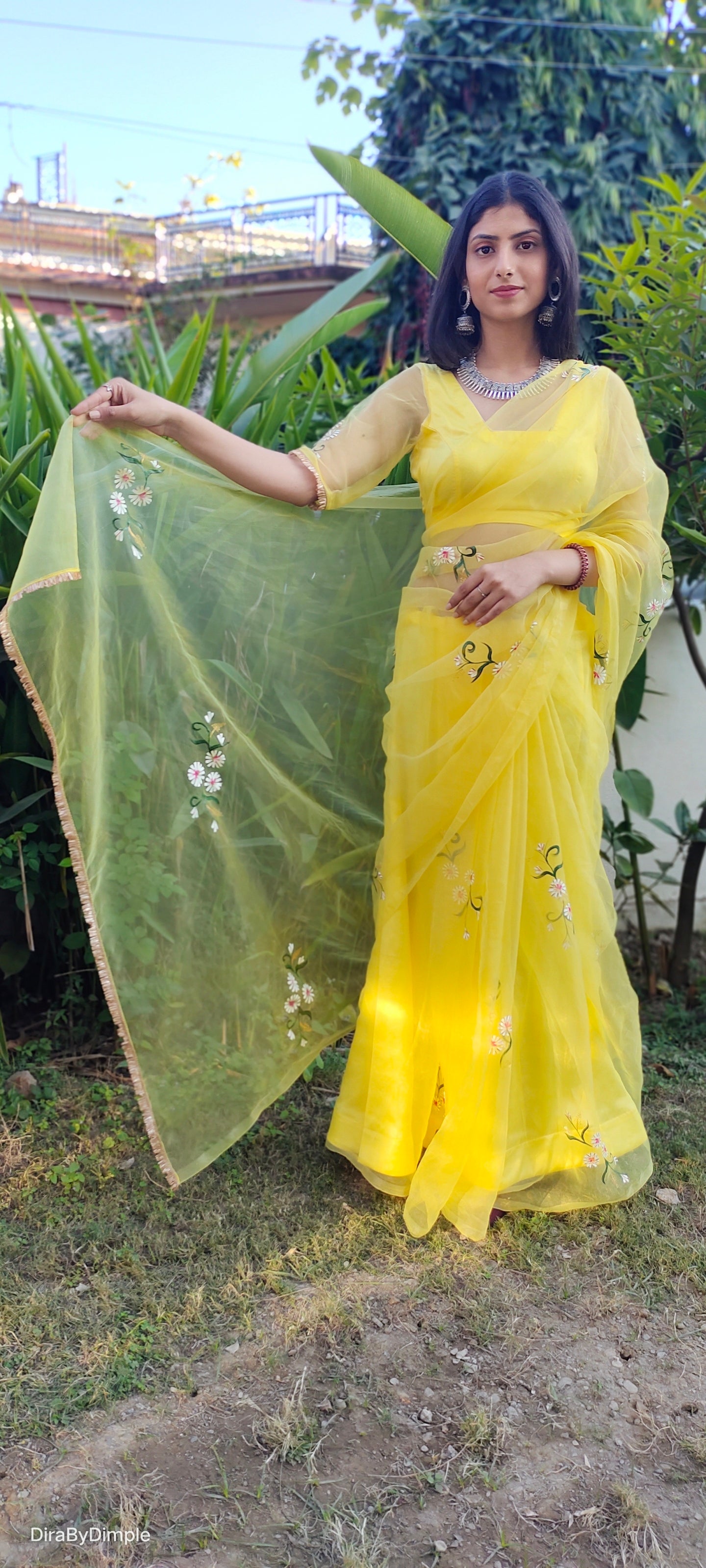 Beautiful Yellow Silk Organza Handpainted Floral Saree