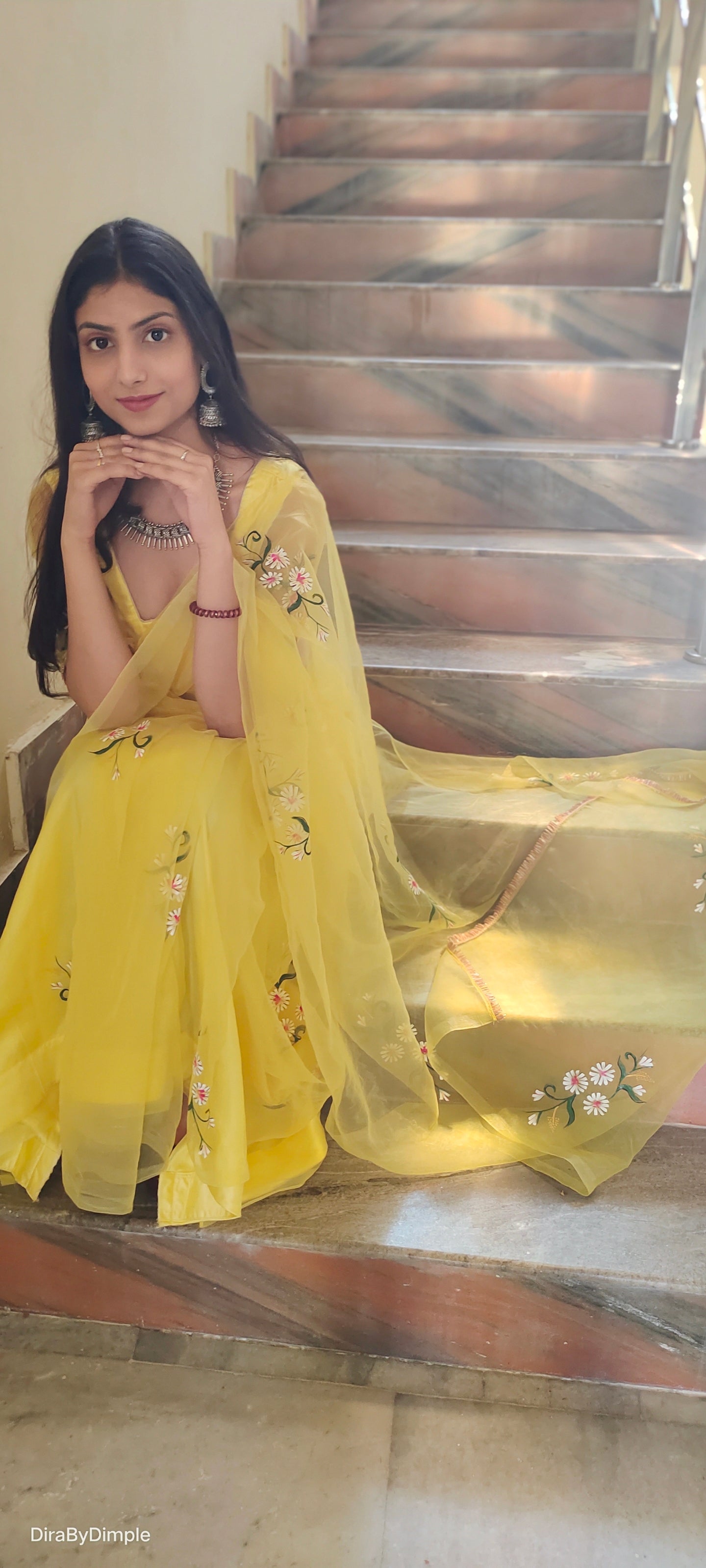 Beautiful Yellow Silk Organza Handpainted Floral Saree