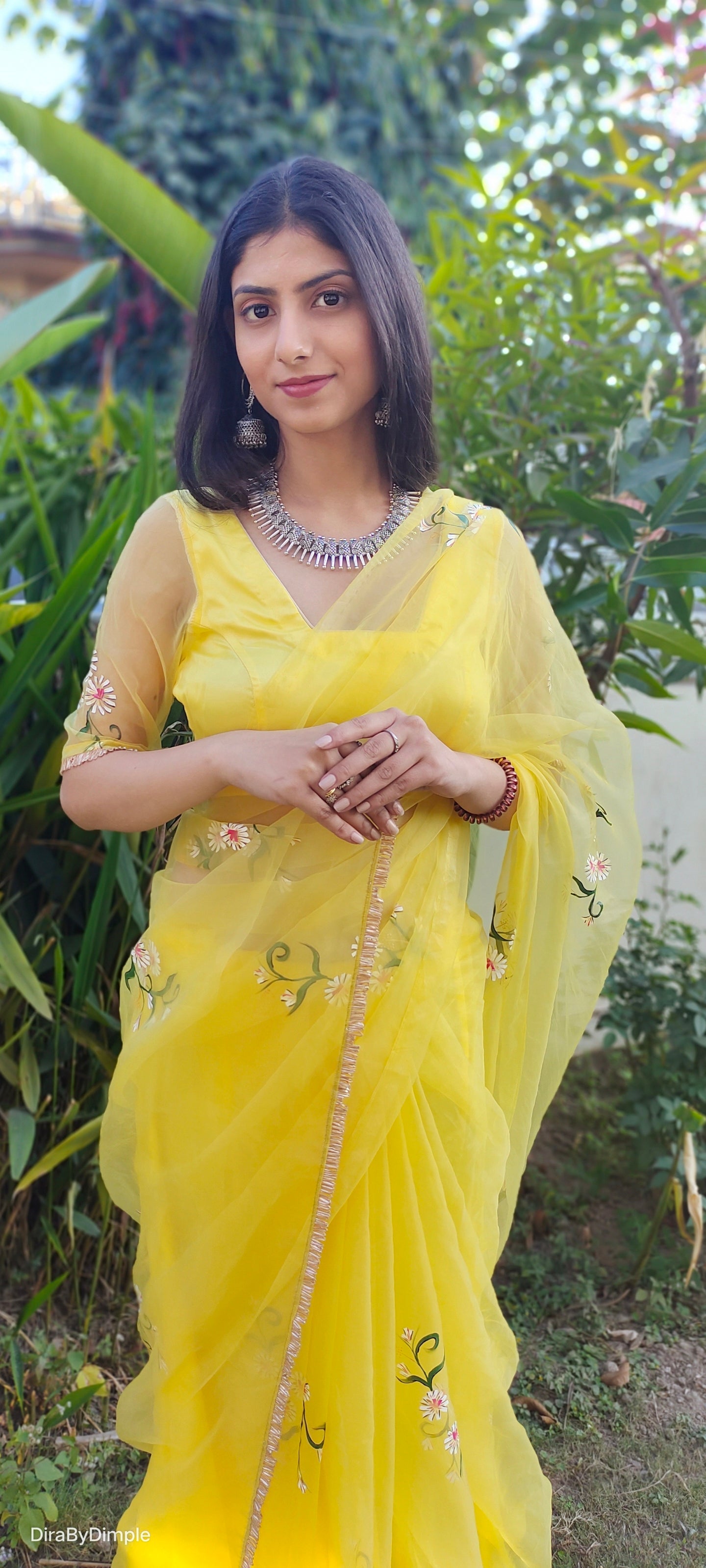 Beautiful Yellow Silk Organza Handpainted Floral Saree