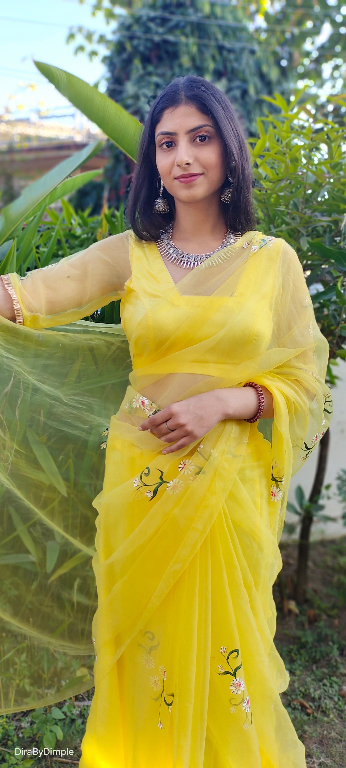 Beautiful Yellow Silk Organza Handpainted Floral Saree
