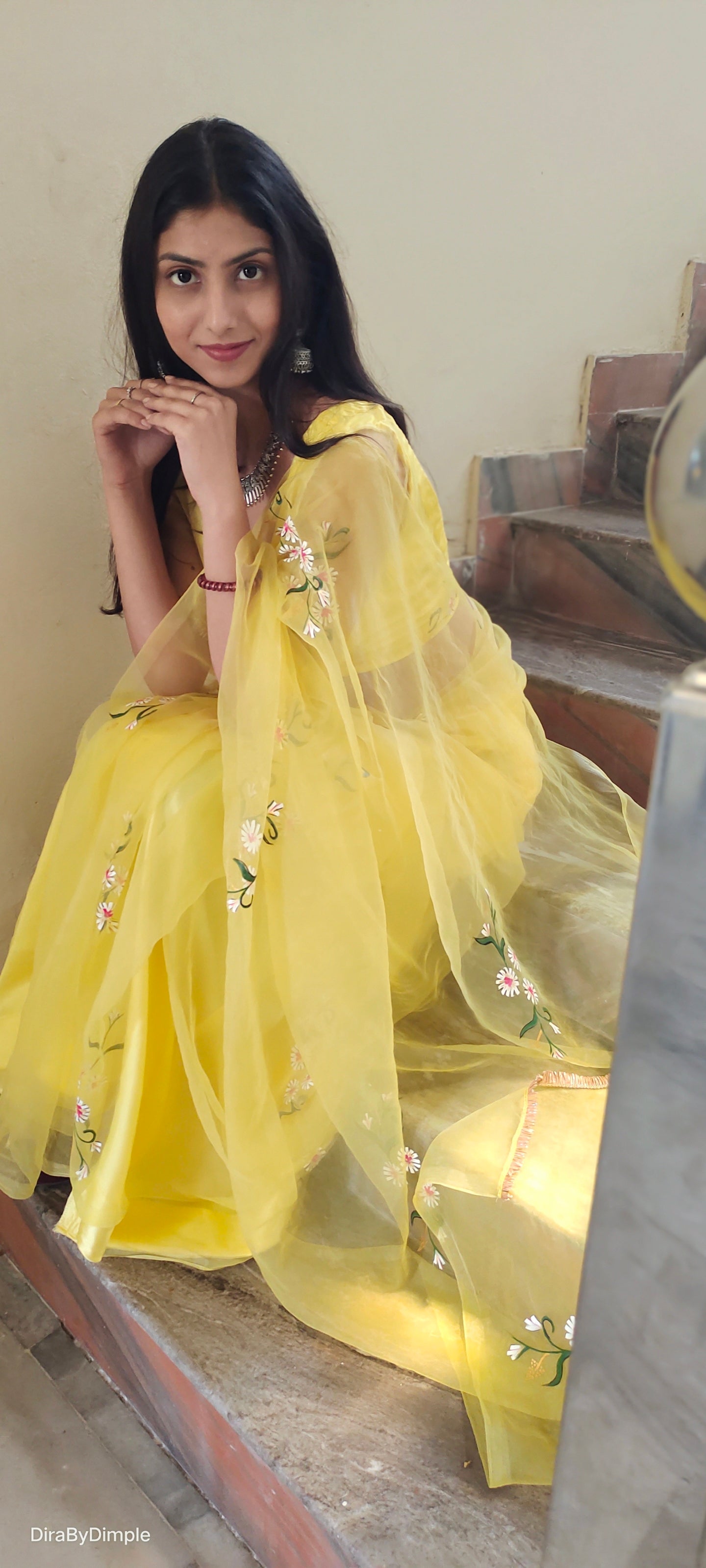 Beautiful Yellow Silk Organza Handpainted Floral Saree
