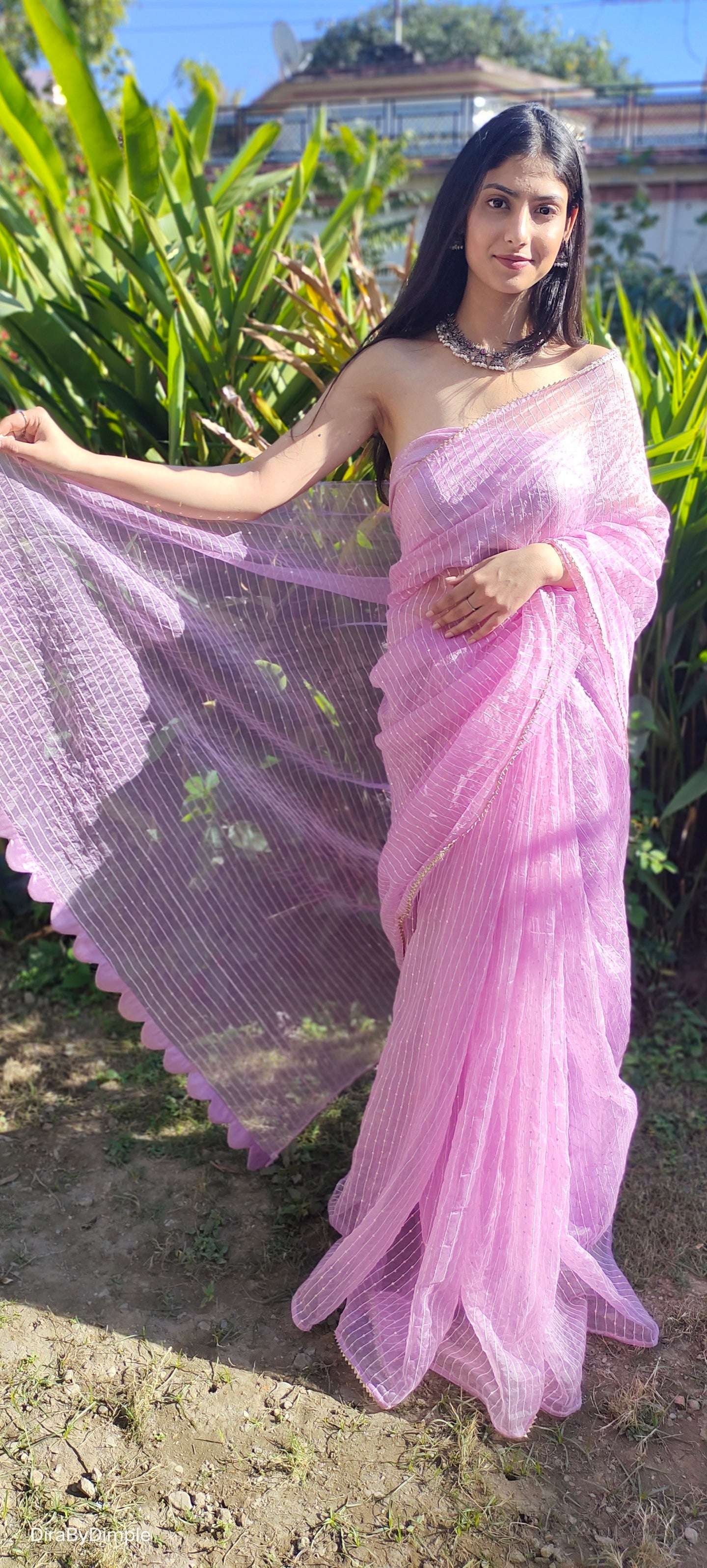 Enticing Purple Lilac Organza Saree Sequin Gota Geometric