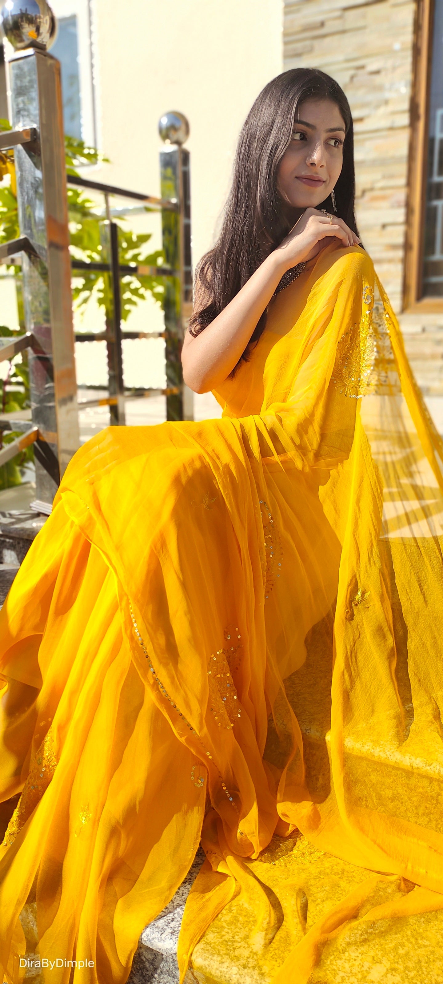 Elegant Yellow Orange Chiffon Saree Sequin Handwork Geometric