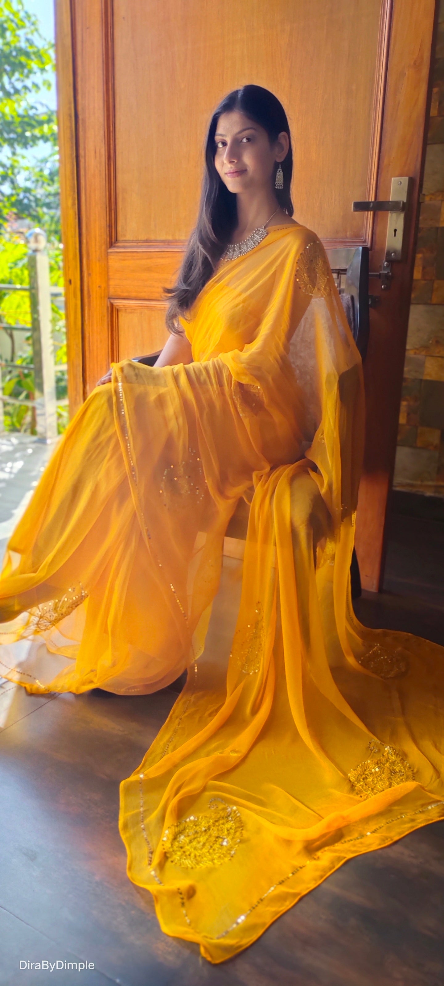 Elegant Yellow Orange Chiffon Saree Sequin Handwork Geometric
