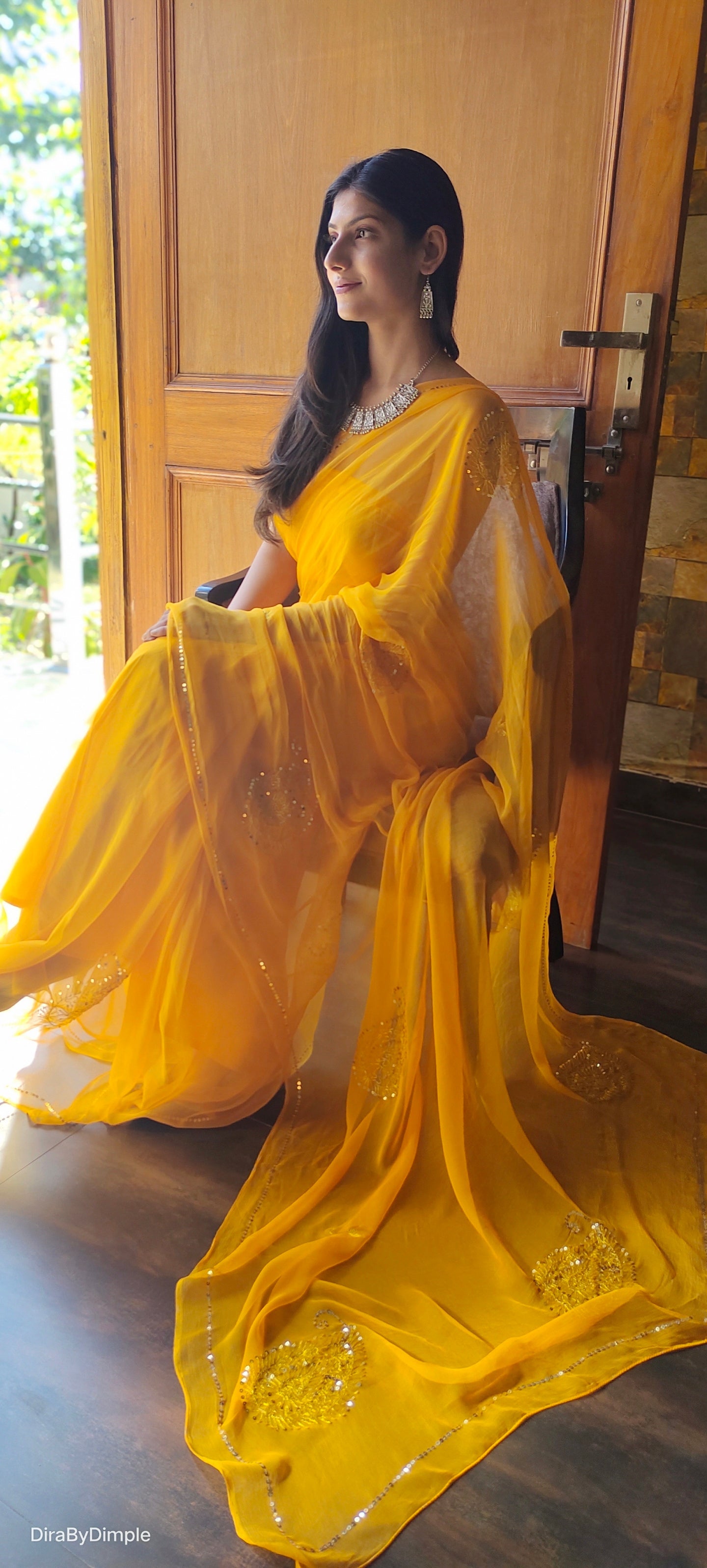 Elegant Yellow Orange Chiffon Saree Sequin Handwork Geometric