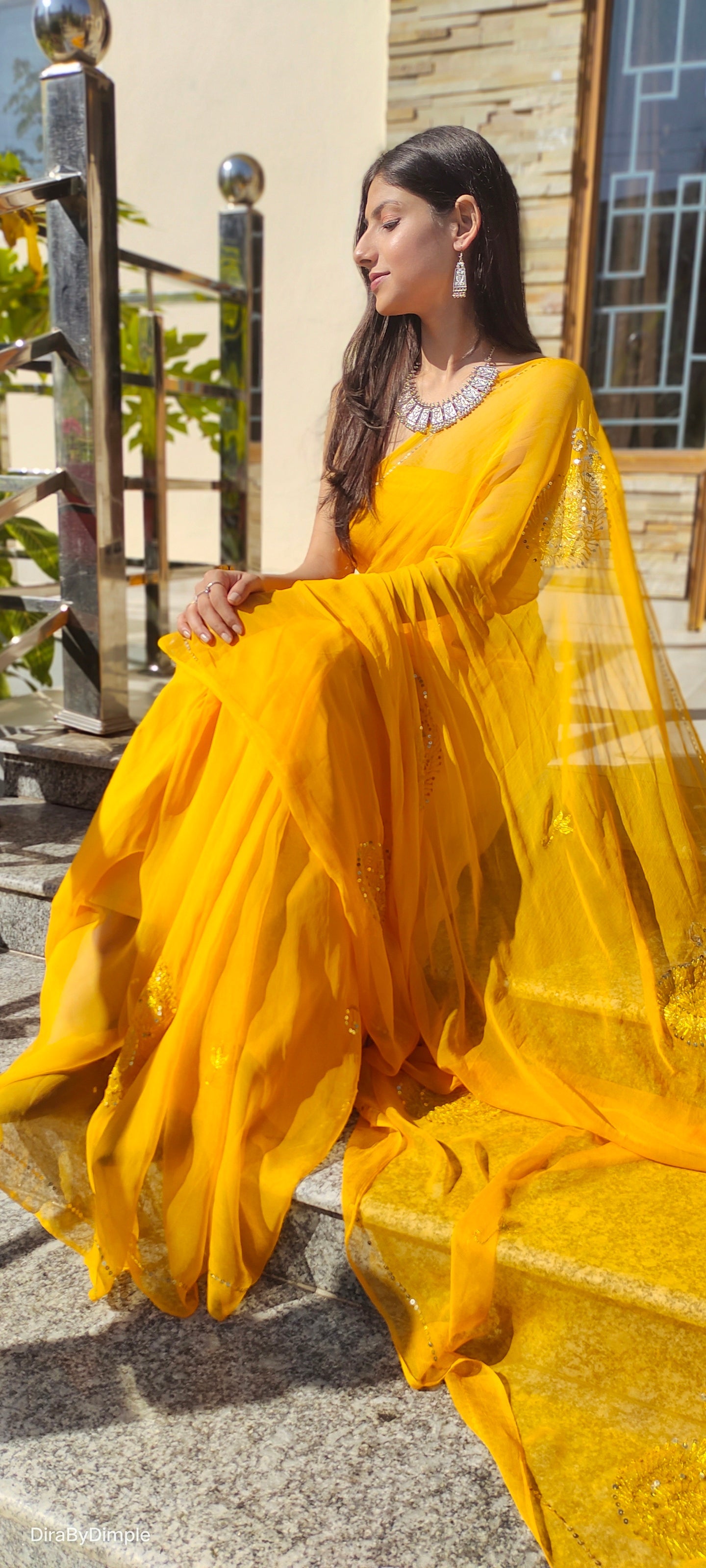 Elegant Yellow Orange Chiffon Saree Sequin Handwork Geometric