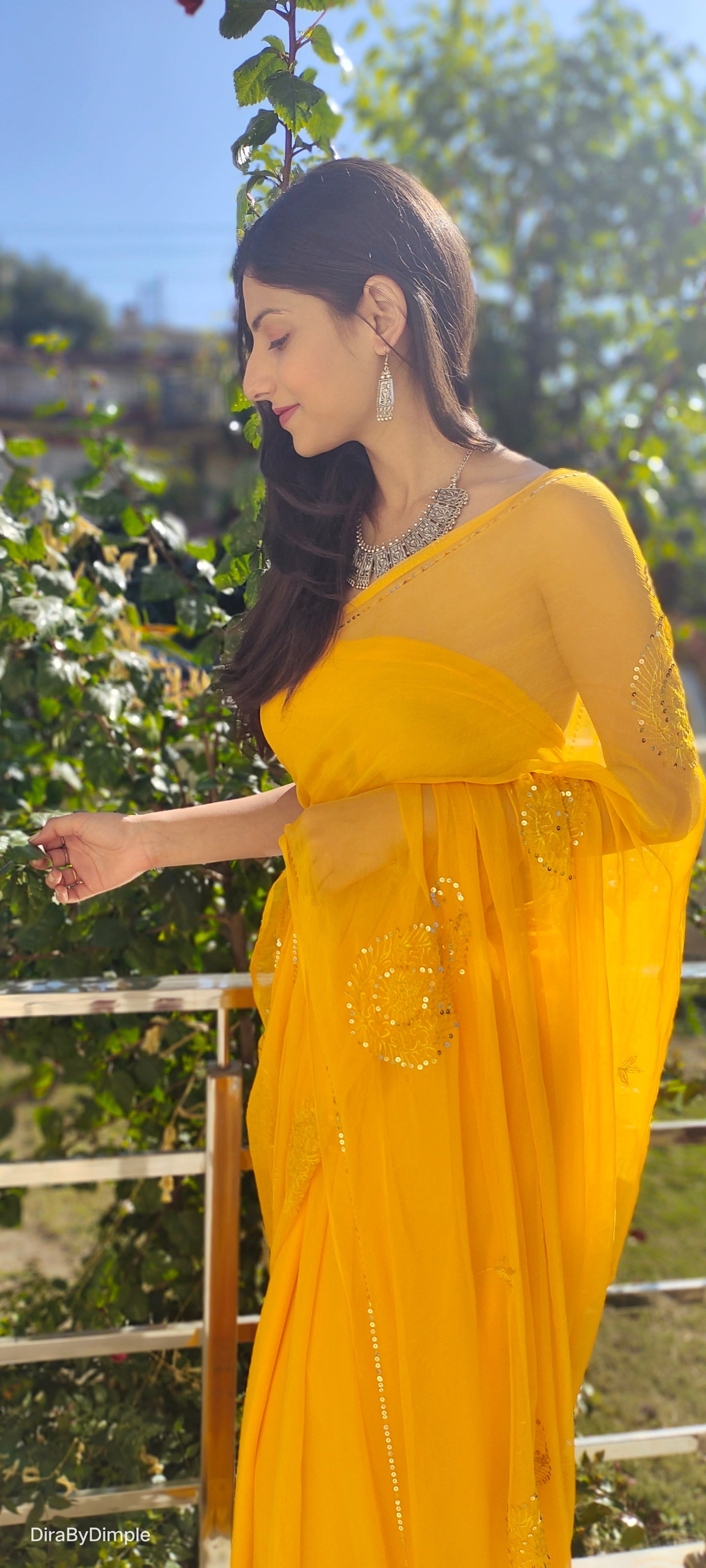 Elegant Yellow Orange Chiffon Saree Sequin Handwork Geometric