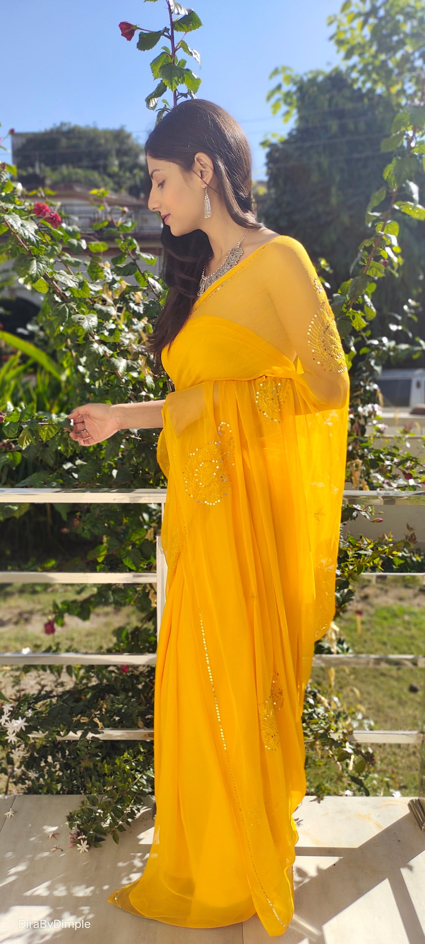 Elegant Yellow Orange Chiffon Saree Sequin Handwork Geometric