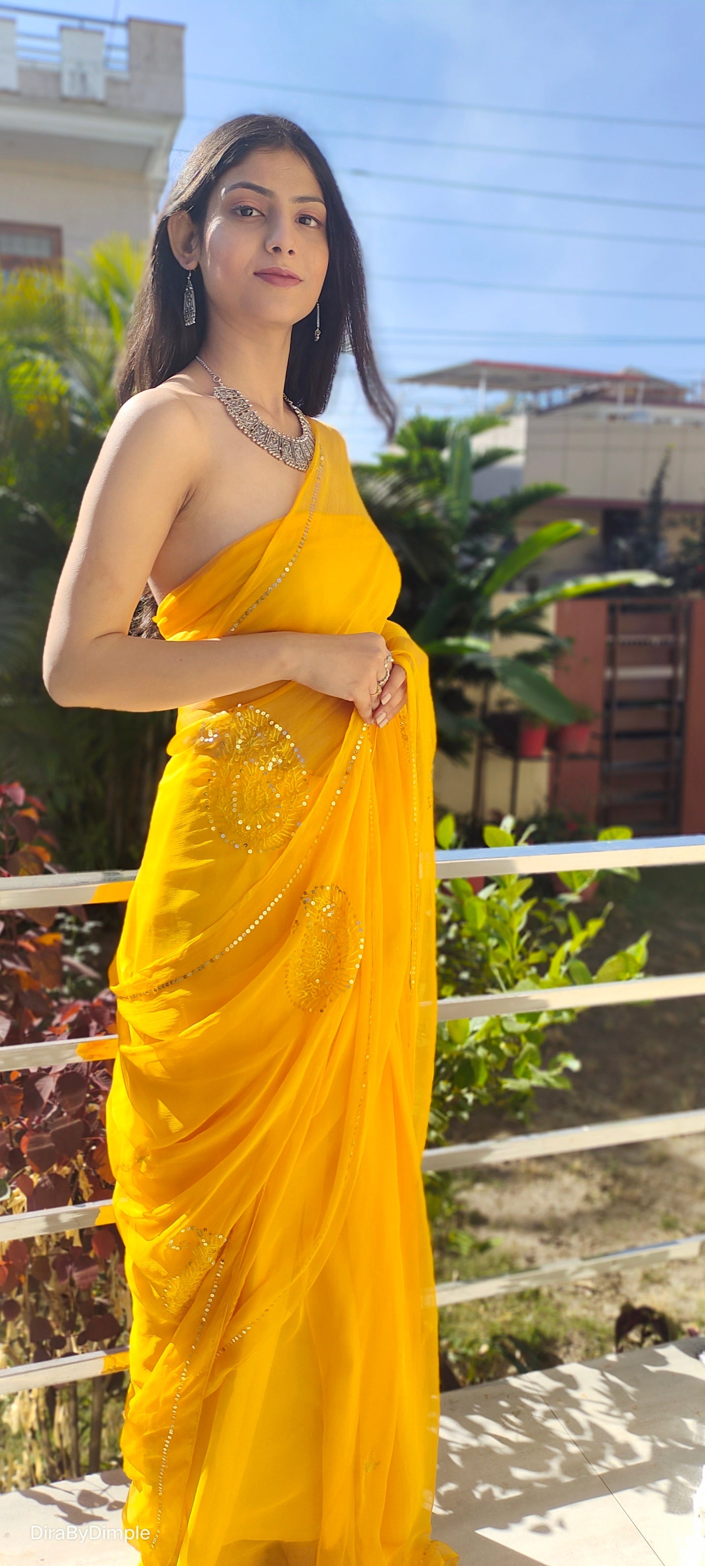 Elegant Yellow Orange Chiffon Saree Sequin Handwork Geometric