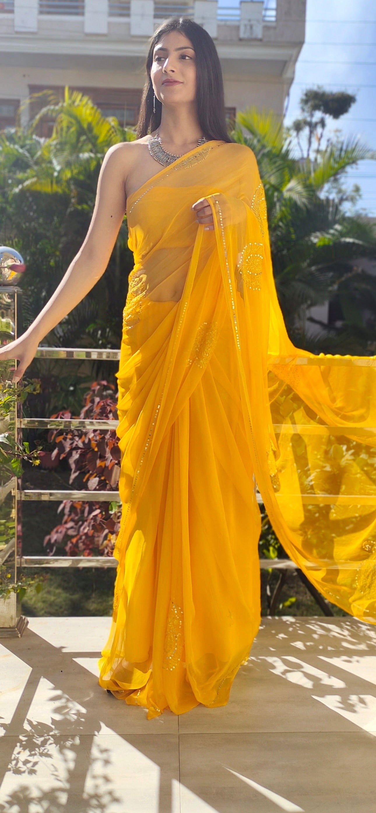 Elegant Yellow Orange Chiffon Saree Sequin Handwork Geometric